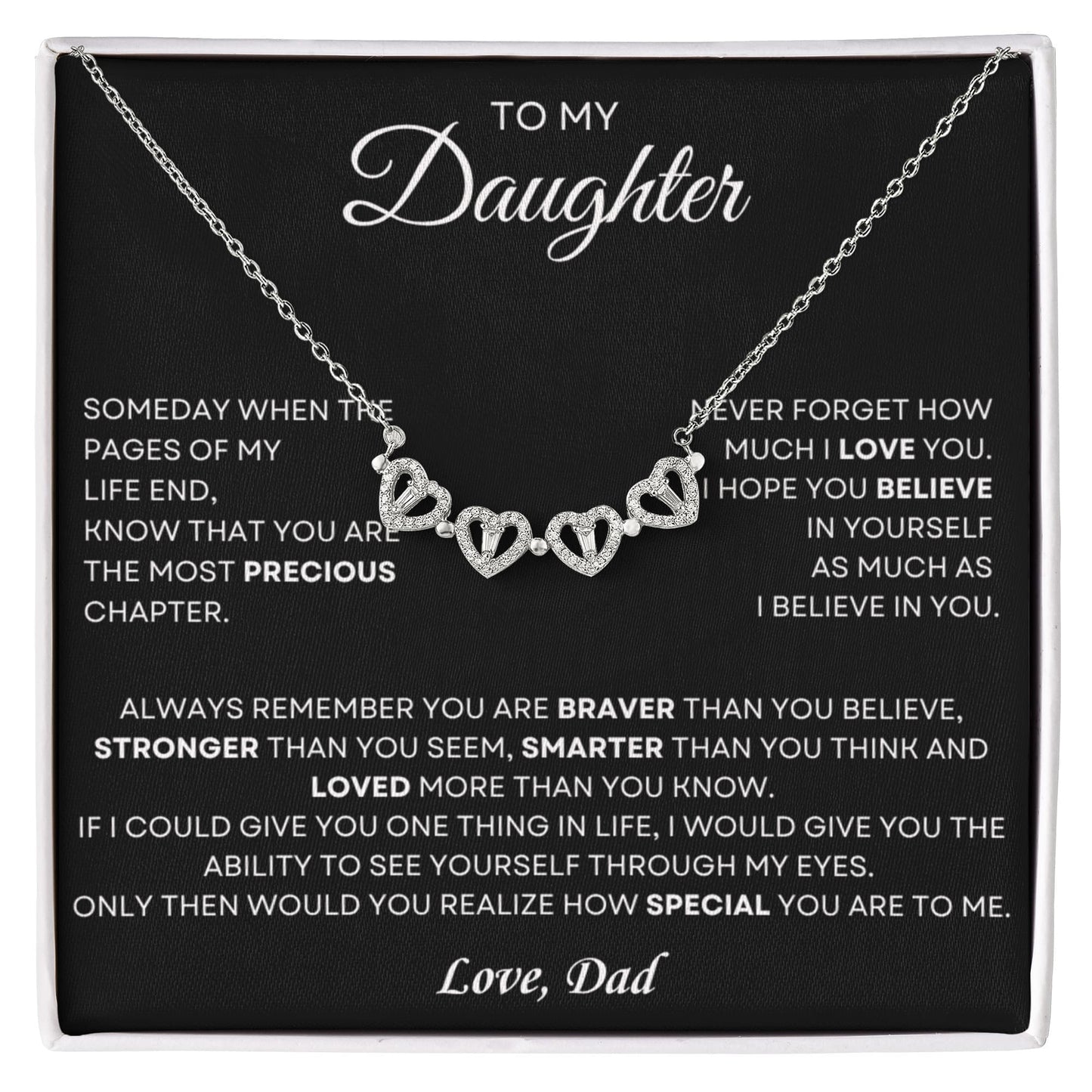 Daughter Necklace from Dad, 14 K White Gold Finish Magnetic Hearts Clover Necklace, Gift for Birthday, Valentines Day, Graduation, Christmas