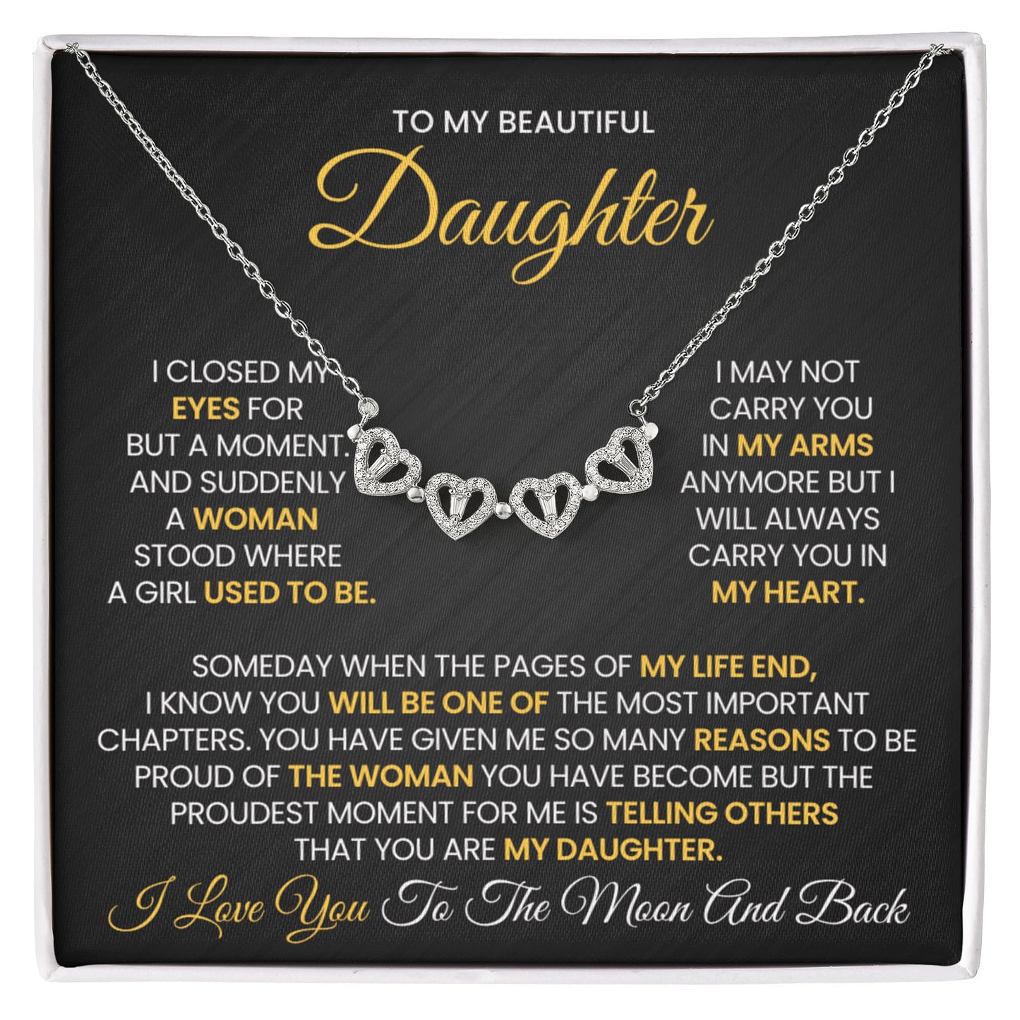 Daughter Necklace from Mom and Dad, 14 K White Gold Finish Magnetic Hearts Clover Necklace, Gift for Birthday, Valentines Day, Graduation, Christmas