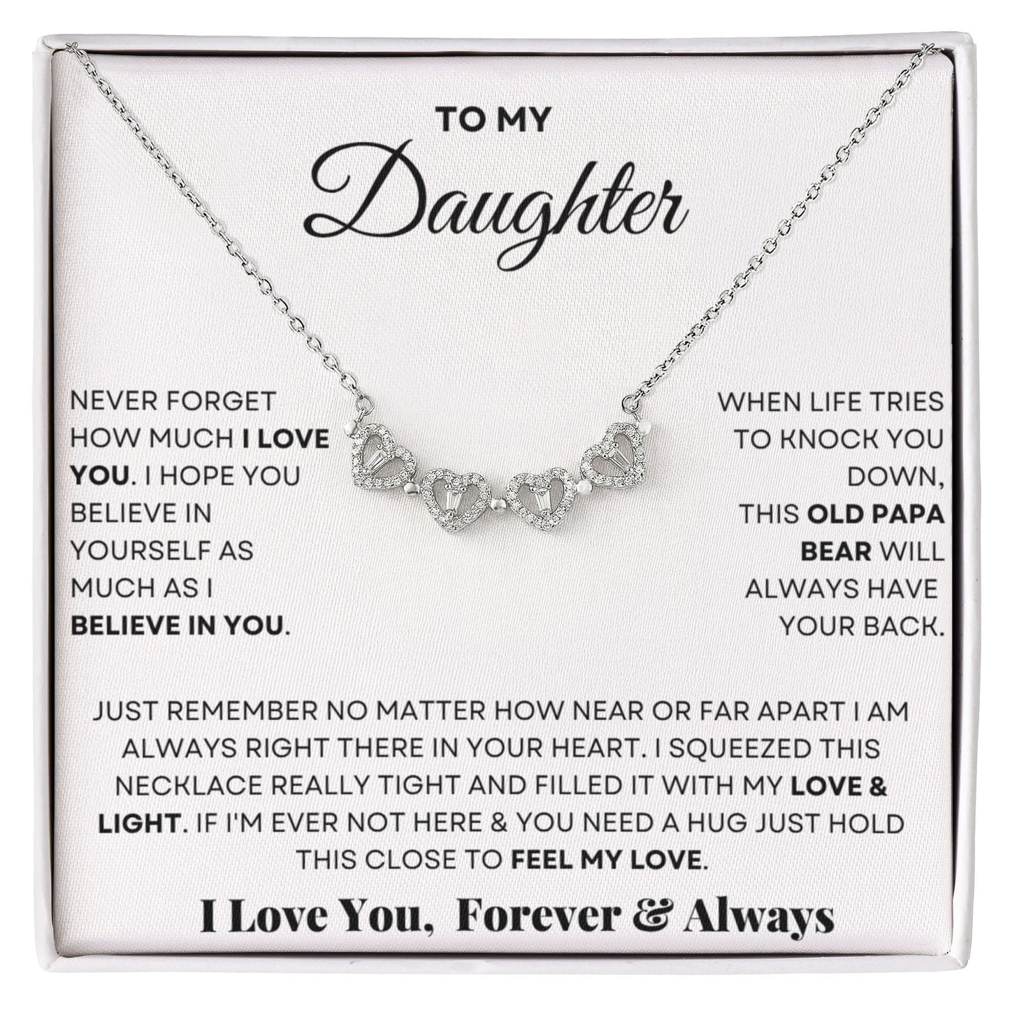Daughter Necklace from Mom and Dad, 14 K White Gold Finish Magnetic Hearts Clover Necklace, Gift for Birthday, Valentines Day, Graduation, Christmas