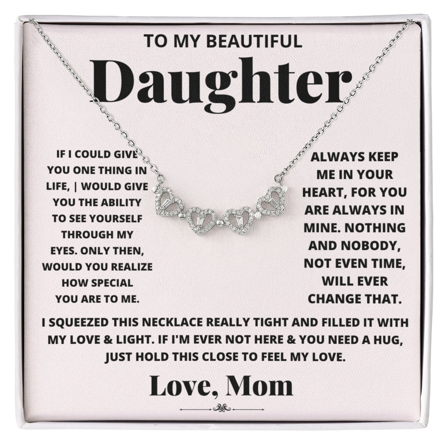 Daughter Necklace from Mom, 14 K White Gold Finish Magnetic Hearts Clover Necklace, Gift for Birthday, Valentines Day, Graduation, Christmas