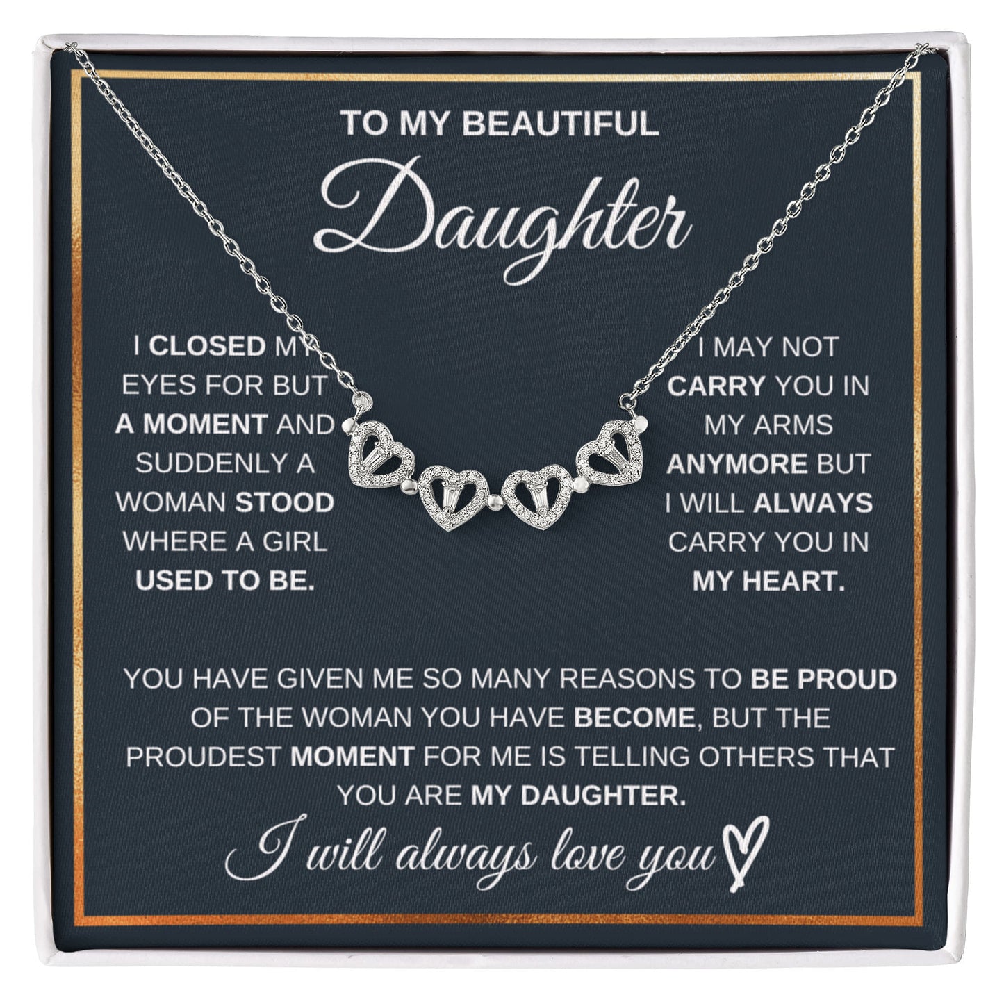 Daughter Necklace from Mom and Dad, 14 K White Gold Finish Magnetic Hearts Clover Necklace, Gift for Birthday, Valentines Day, Graduation, Christmas