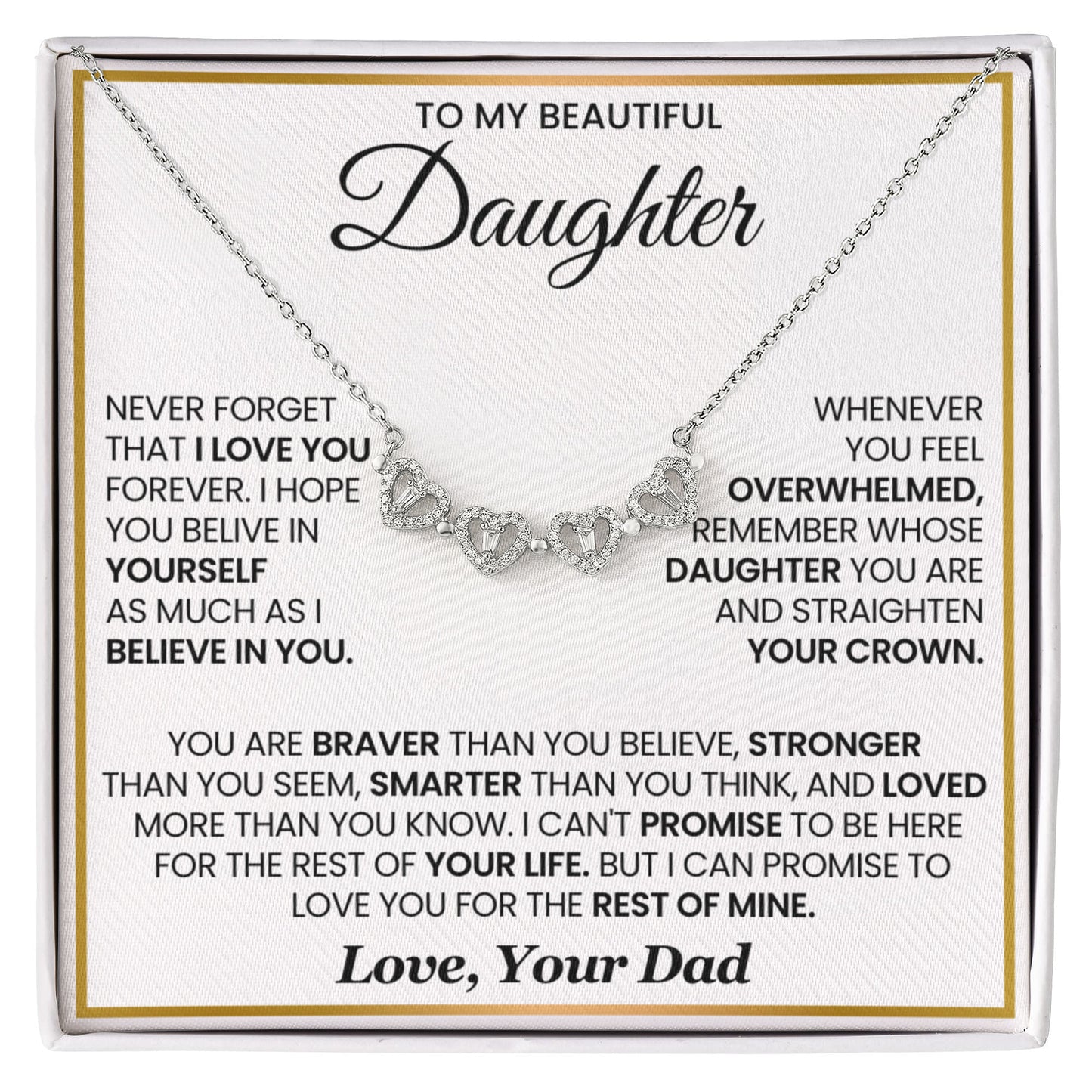 Daughter Necklace from Dad, 14 K White Gold Finish Magnetic Hearts Clover Necklace, Gift for Birthday, Valentines Day, Graduation, Christmas