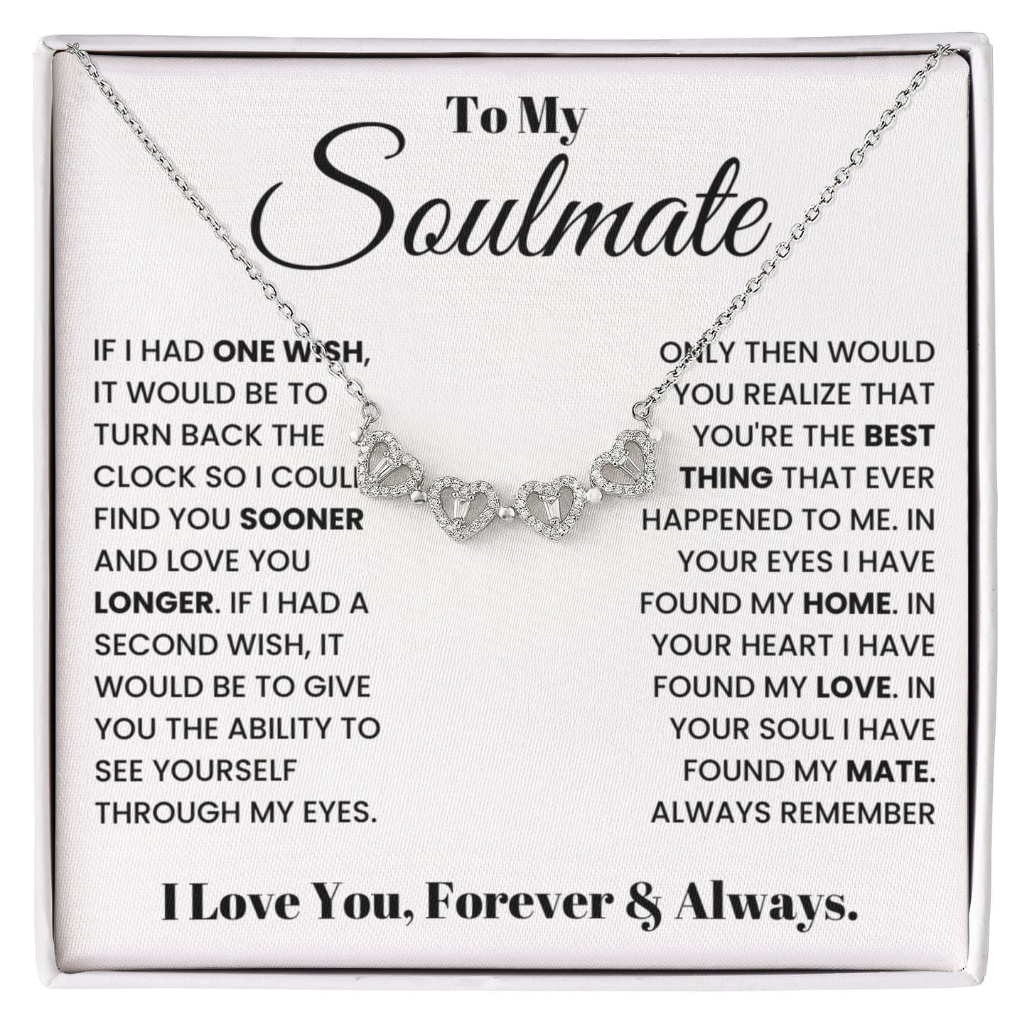 To my Soulmate Wife Necklace from Husband, 14K White gold finish Magnetic Hearts Clover Necklace, Gift for Valentines Day, Birthday, Anniversary
