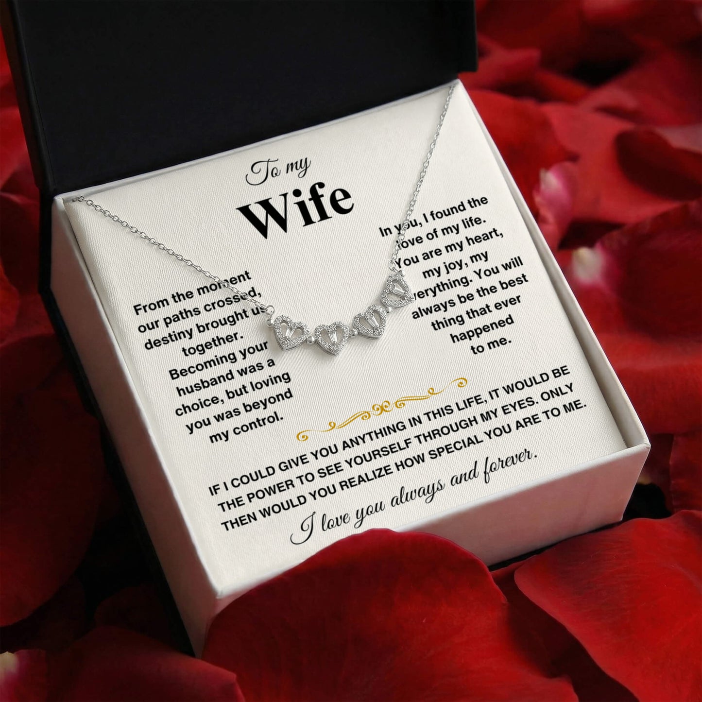 To my Wife Necklace from Husband, 14K White gold finish Magnetic Hearts Clover Necklace, Gift for Valentines Day, Birthday, Anniversary