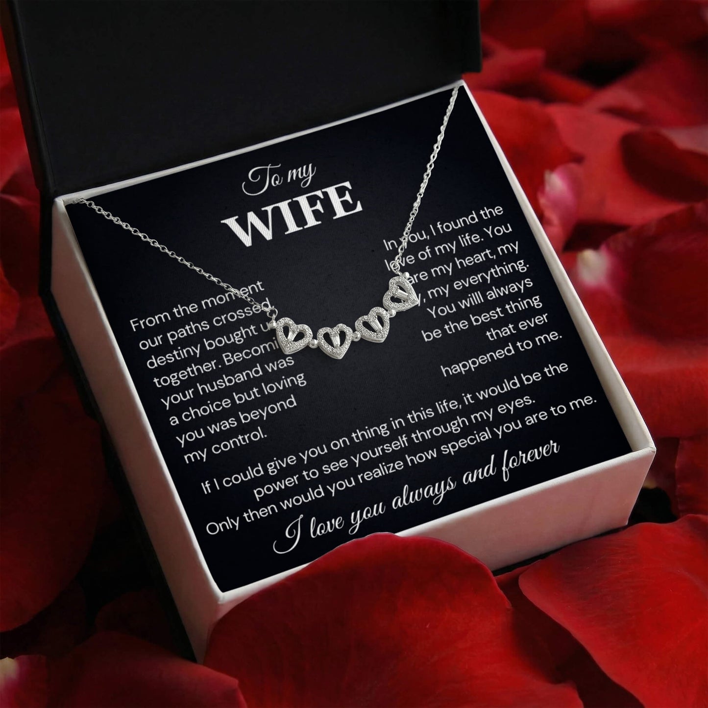 To my Wife Necklace from Husband, 14K White gold finish Magnetic Hearts Clover Necklace, Gift for Valentines Day, Birthday, Anniversary