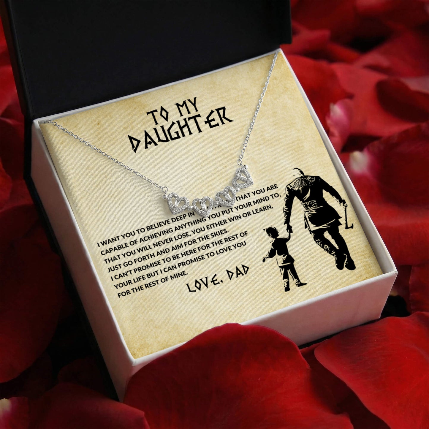 Daughter Necklace from Dad, 14 K White Gold Finish Magnetic Hearts Clover Necklace, Gift for Birthday, Valentines Day, Graduation, Christmas