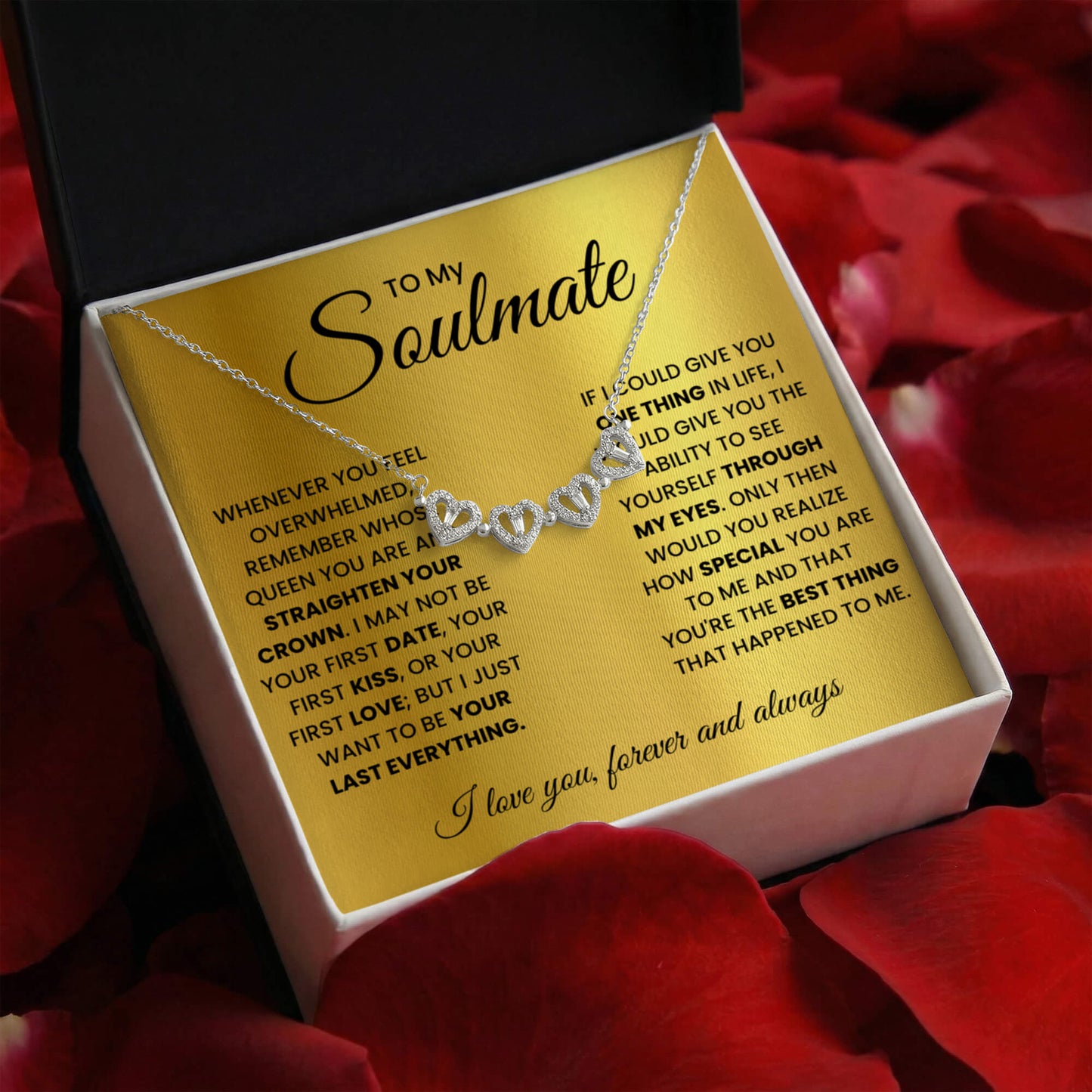 To my Soulmate Wife Necklace from Husband, 14K White gold finish Magnetic Hearts Clover Necklace, Gift for Valentines Day, Birthday, Anniversary