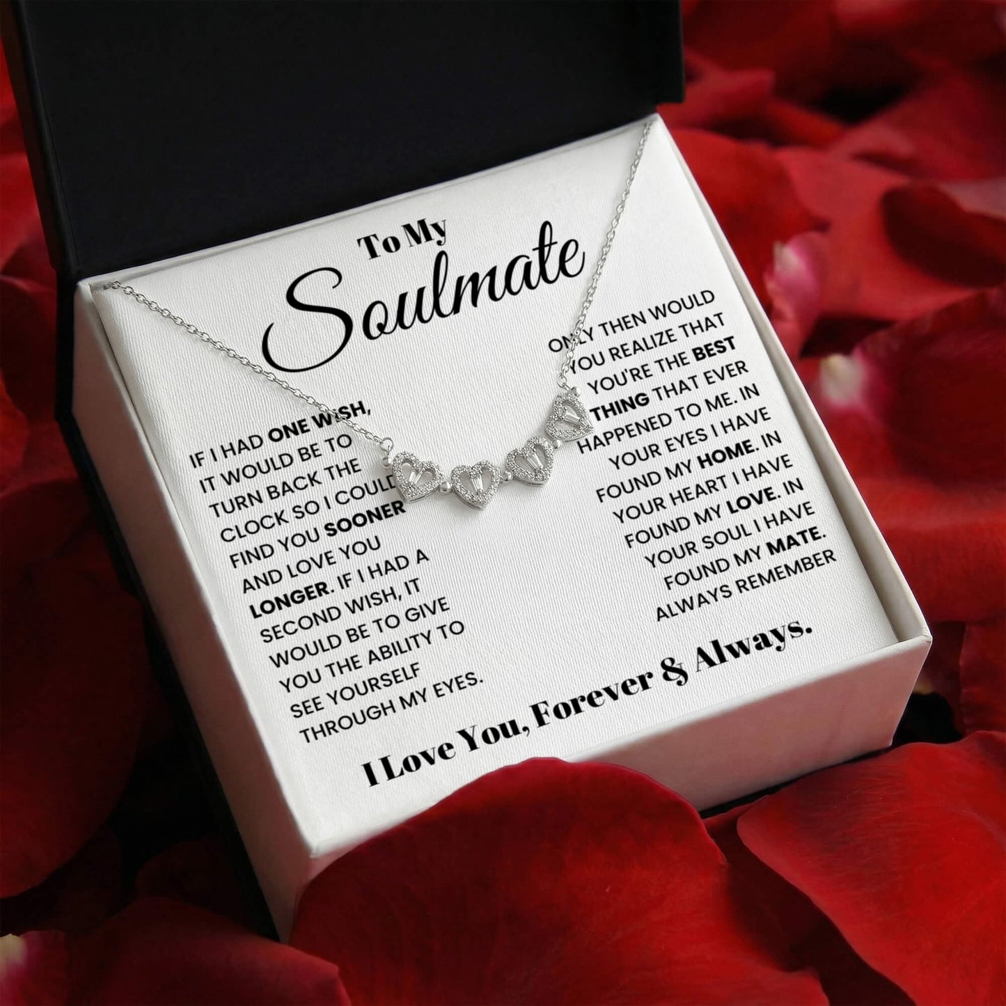 To my Soulmate Wife Necklace from Husband, 14K White gold finish Magnetic Hearts Clover Necklace, Gift for Valentines Day, Birthday, Anniversary
