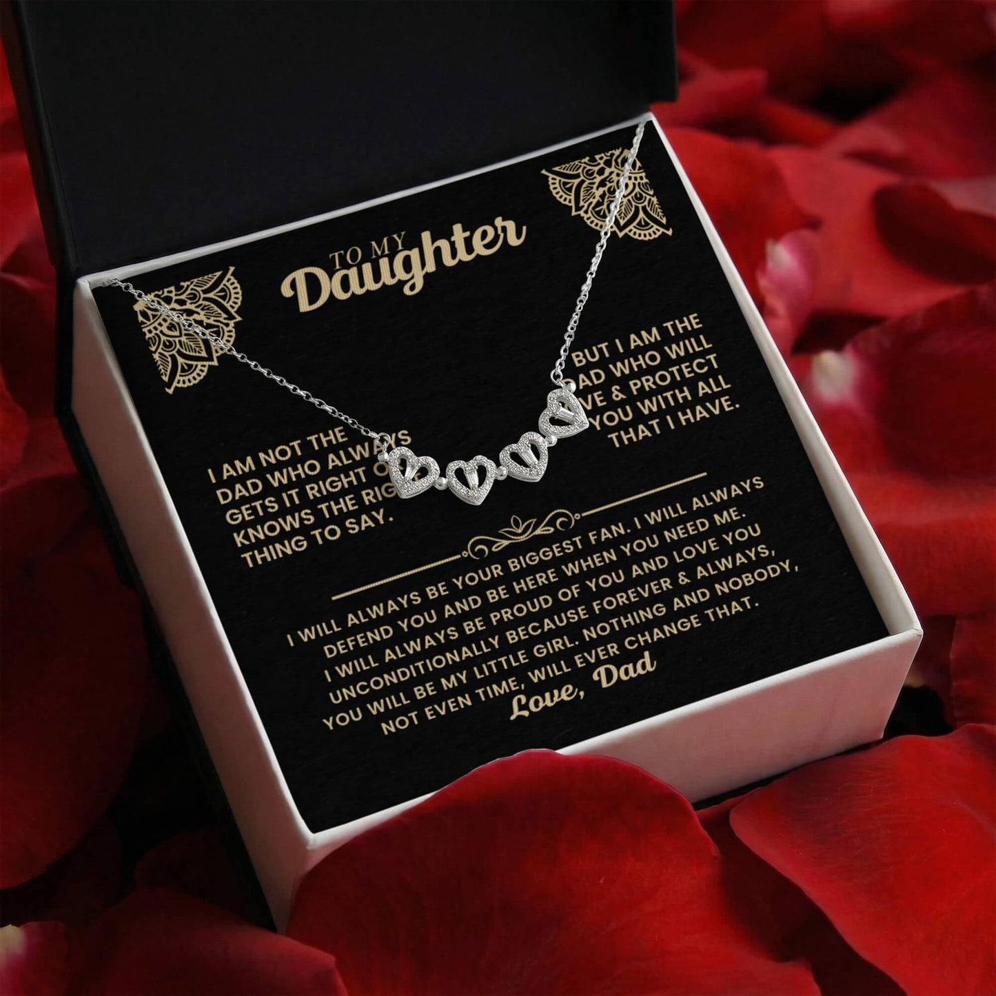Daughter Necklace from Dad, 14 K White Gold Finish Magnetic Hearts Clover Necklace, Gift for Birthday, Valentines Day, Graduation, Christmas
