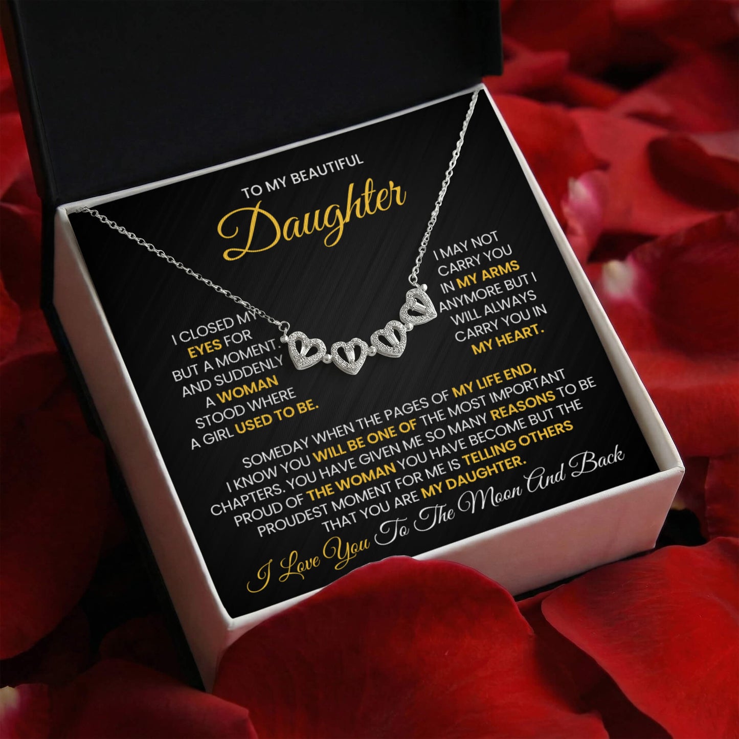 Daughter Necklace from Mom and Dad, 14 K White Gold Finish Magnetic Hearts Clover Necklace, Gift for Birthday, Valentines Day, Graduation, Christmas