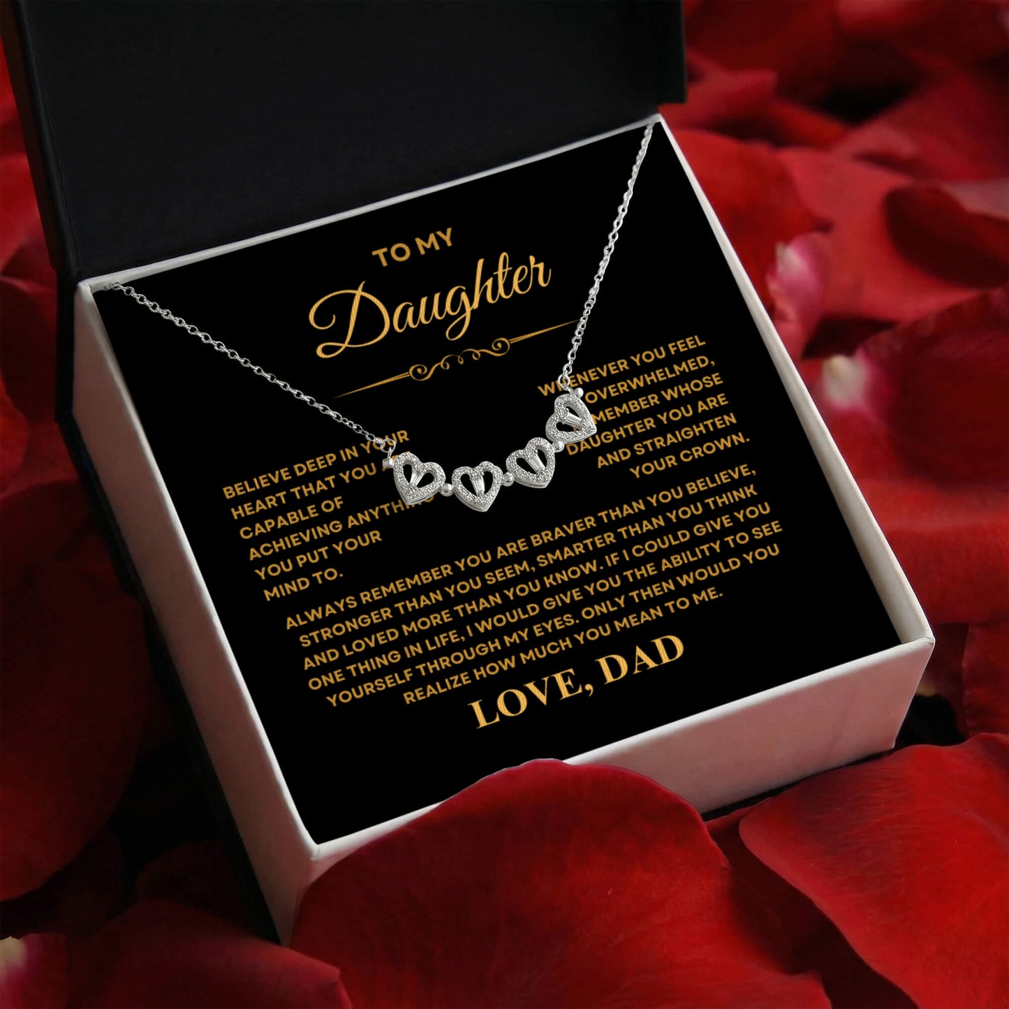 Daughter Necklace from Dad, 14 K White Gold Finish Magnetic Hearts Clover Necklace, Gift for Birthday, Valentines Day, Graduation, Christmas