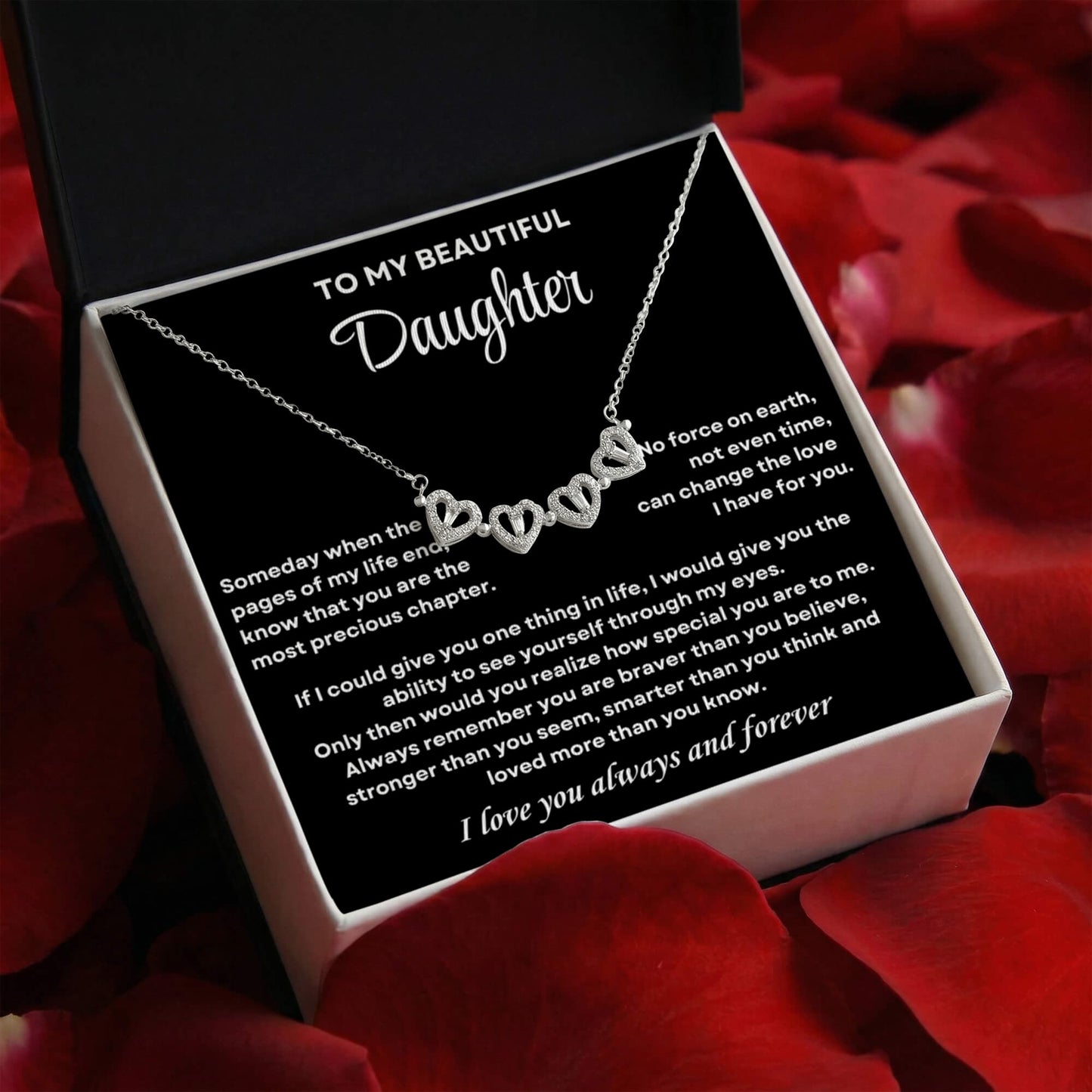 Daughter Necklace from Dad, 14 K White Gold Finish Magnetic Hearts Clover Necklace, Gift for Birthday, Valentines Day, Graduation, Christmas