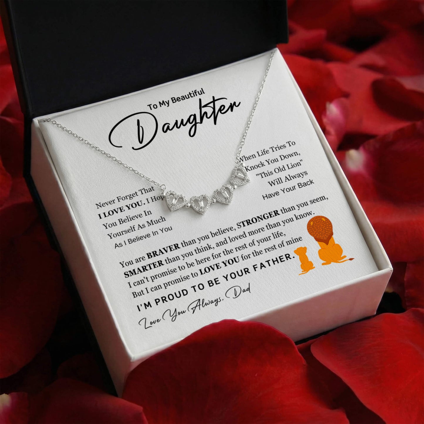 Daughter Necklace from Dad, 14 K White Gold Finish Magnetic Hearts Clover Necklace, Gift for Birthday, Valentines Day, Graduation, Christmas