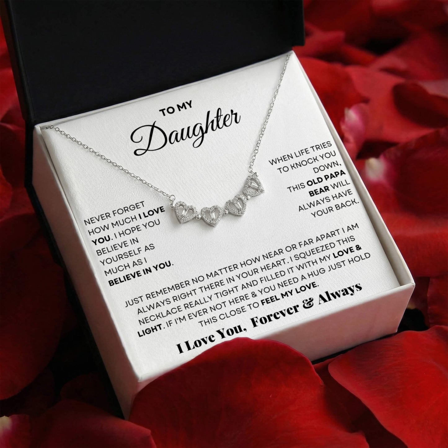 Daughter Necklace from Mom and Dad, 14 K White Gold Finish Magnetic Hearts Clover Necklace, Gift for Birthday, Valentines Day, Graduation, Christmas