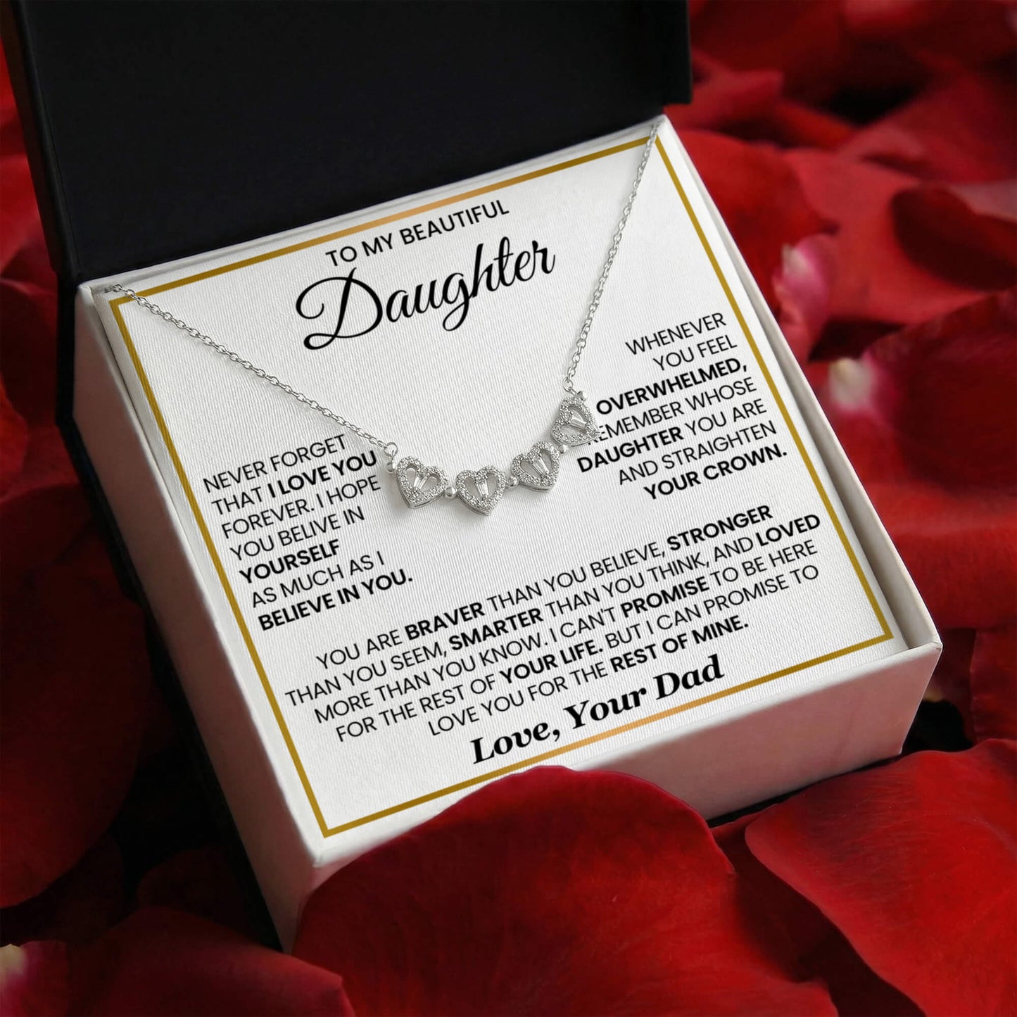 Daughter Necklace from Dad, 14 K White Gold Finish Magnetic Hearts Clover Necklace, Gift for Birthday, Valentines Day, Graduation, Christmas