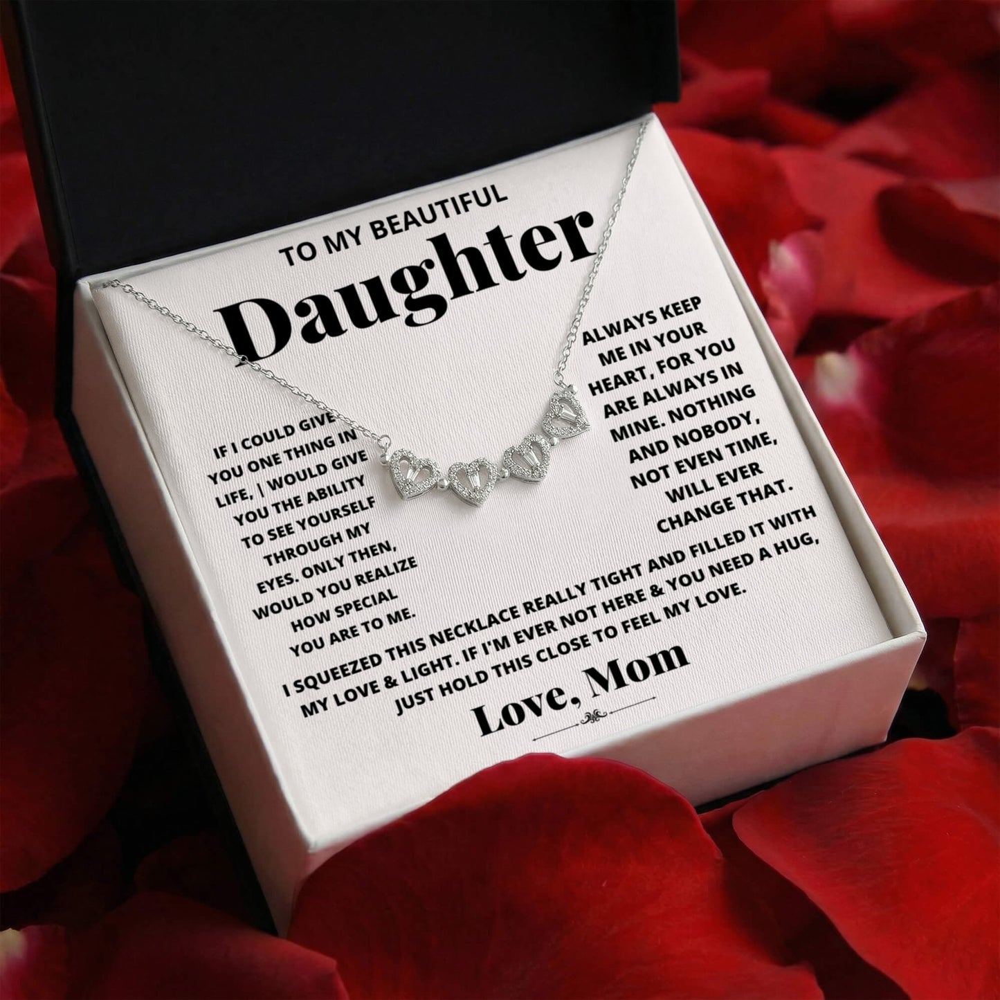 Daughter Necklace from Mom, 14 K White Gold Finish Magnetic Hearts Clover Necklace, Gift for Birthday, Valentines Day, Graduation, Christmas