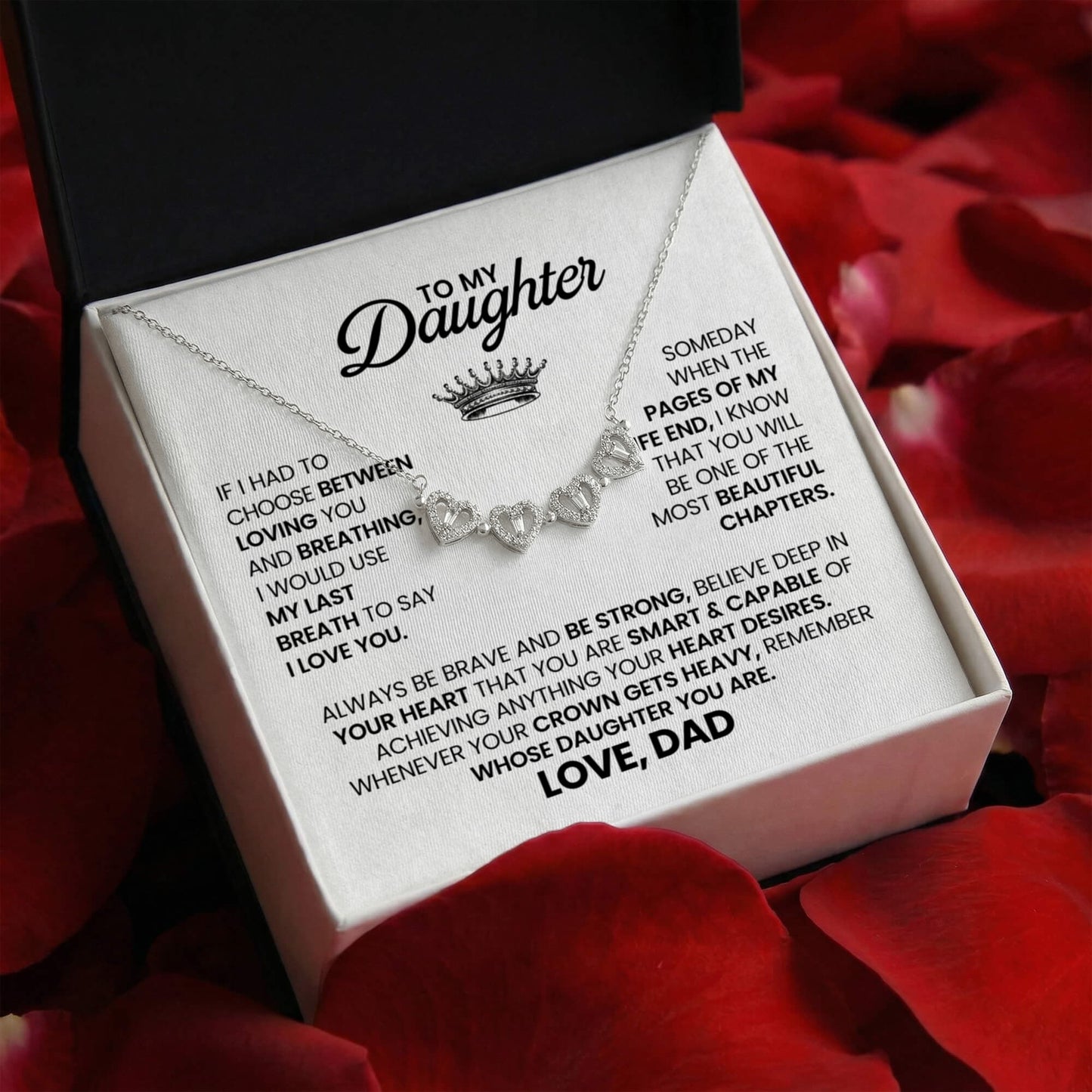 Daughter Necklace from Dad, 14 K White Gold Finish Magnetic Hearts Clover Necklace, Gift for Birthday, Valentines Day, Graduation, Christmas