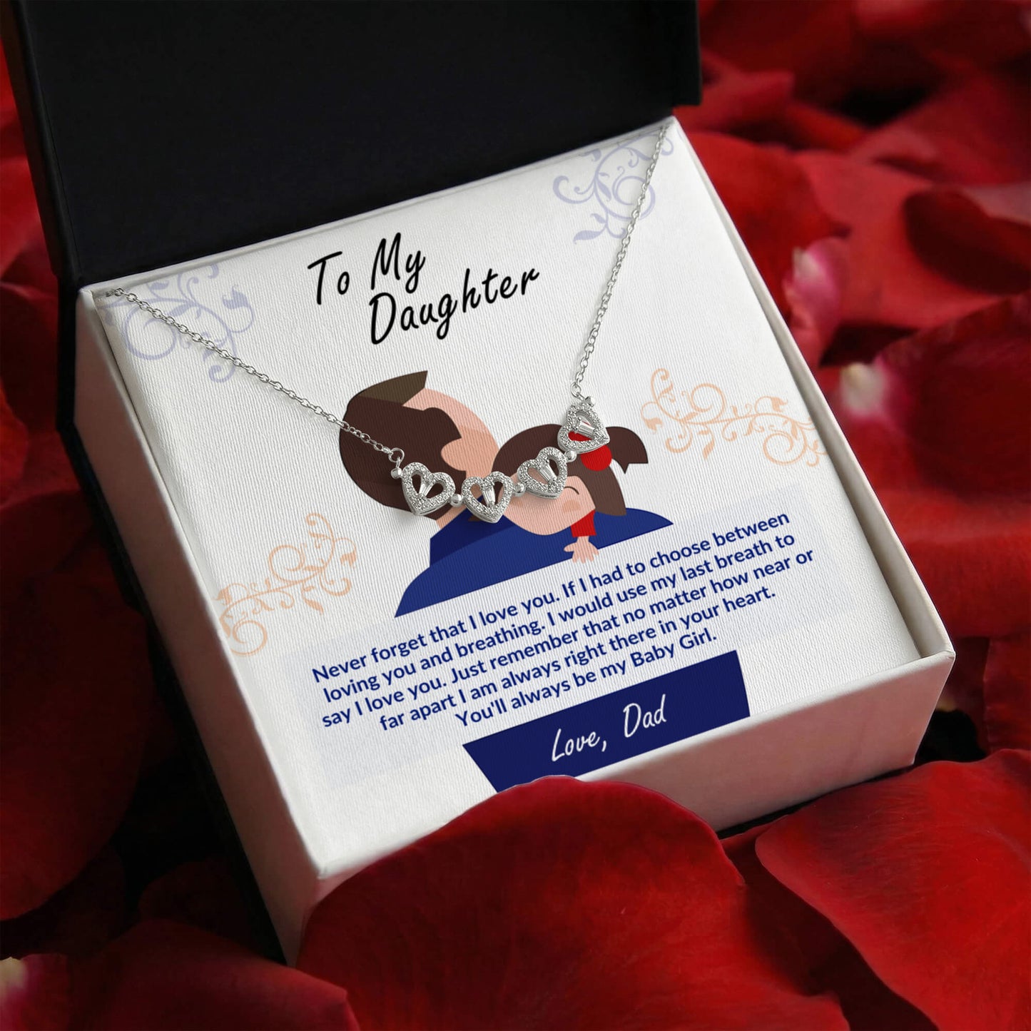 Daughter Necklace from Dad, 14 K White Gold Finish Magnetic Hearts Clover Necklace, Gift for Birthday, Valentines Day, Graduation, Christmas