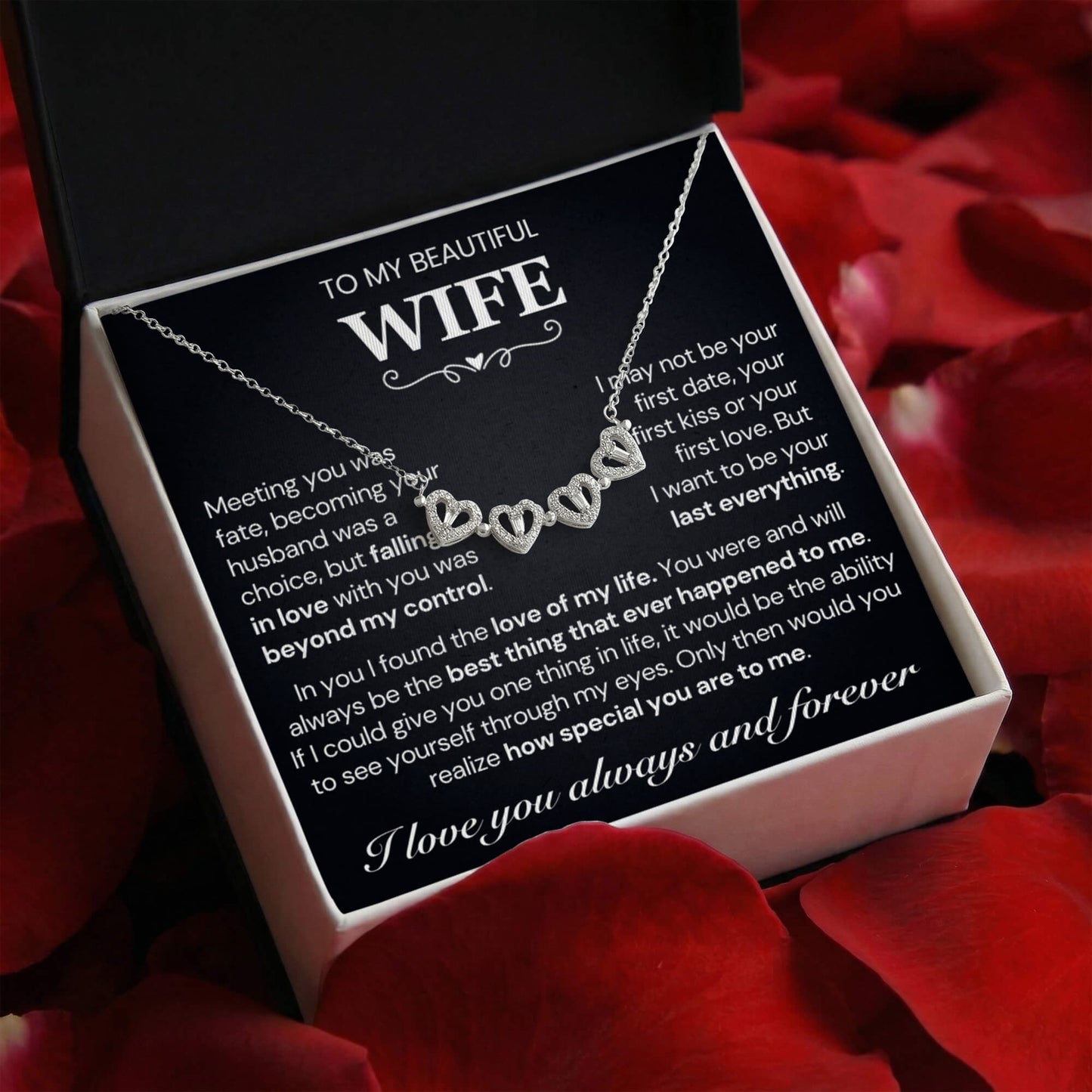 To my Wife Necklace from Husband, 14K White gold finish Magnetic Hearts Clover Necklace, Gift for Valentines Day, Birthday, Anniversary