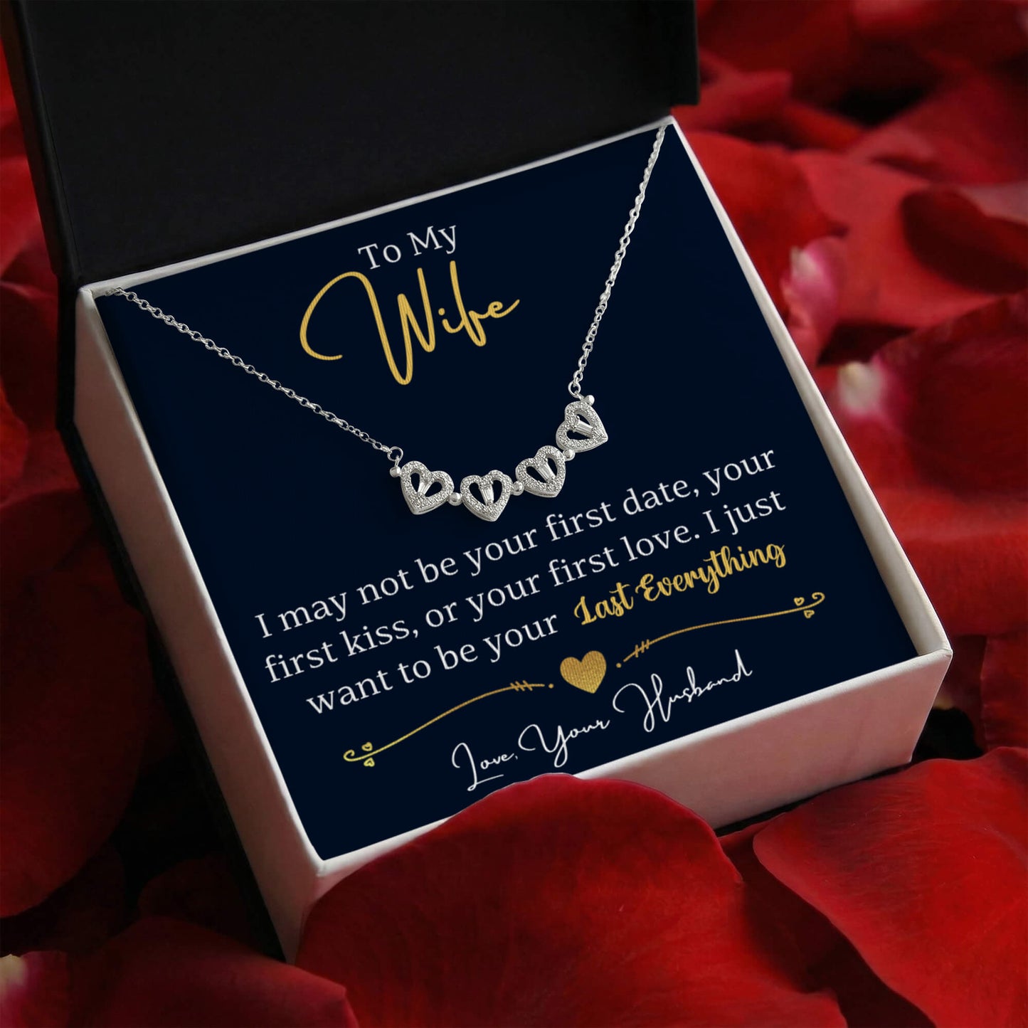 To my Wife Necklace from Husband, 14K White gold finish Magnetic Hearts Clover Necklace, Gift for Valentines Day, Birthday, Anniversary