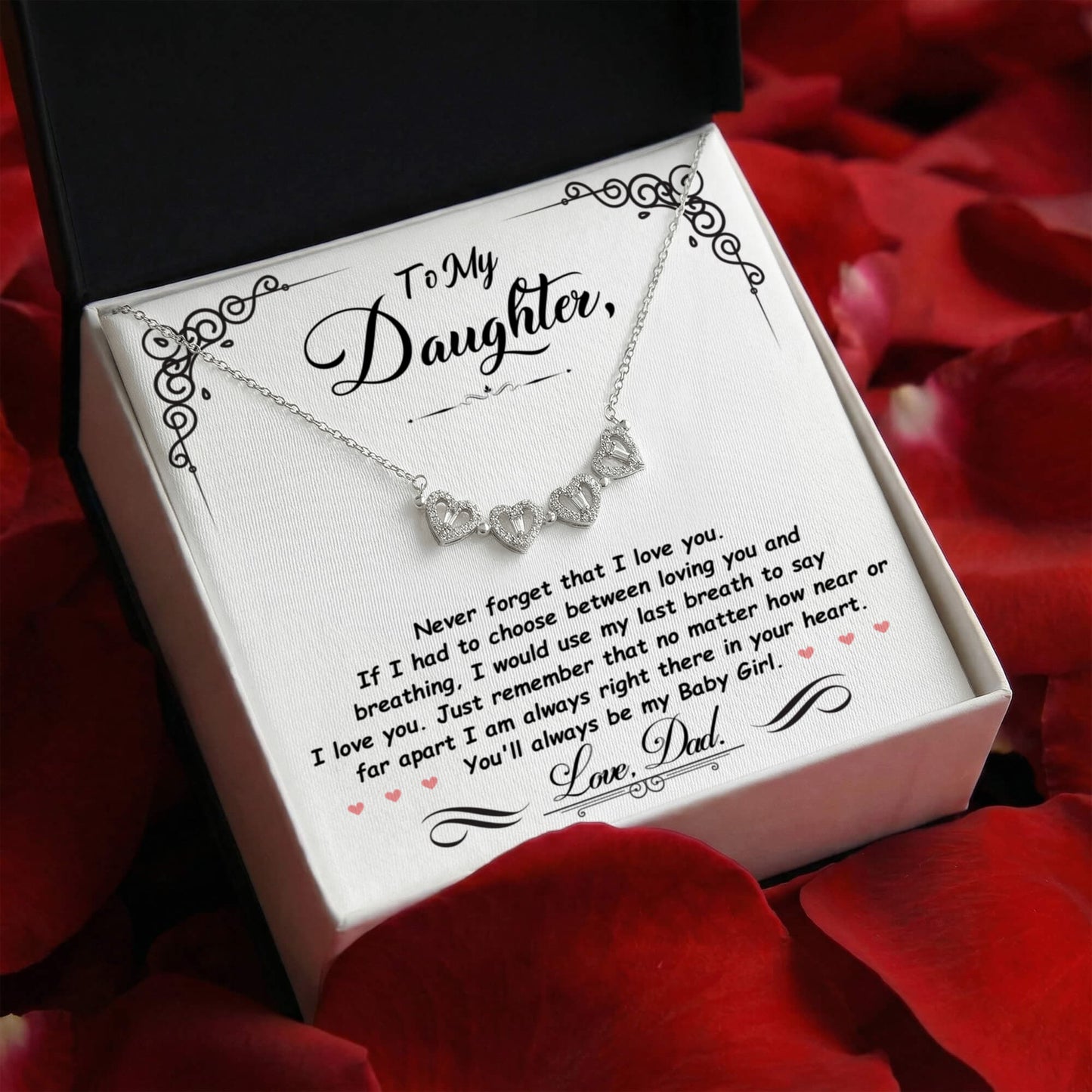 Daughter Necklace from Dad, 14 K White Gold Finish Magnetic Hearts Clover Necklace, Gift for Birthday, Valentines Day, Graduation, Christmas