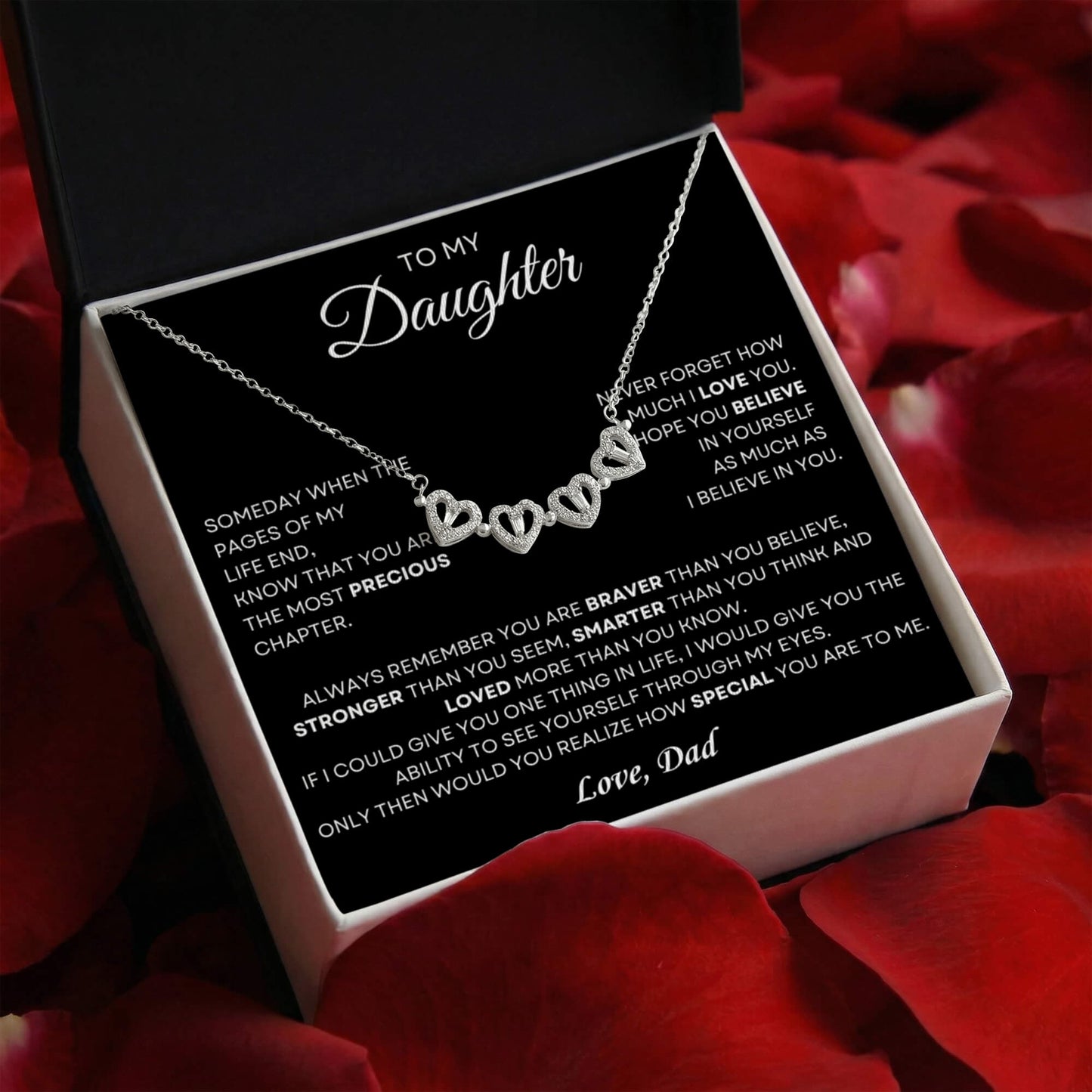 Daughter Necklace from Dad, 14 K White Gold Finish Magnetic Hearts Clover Necklace, Gift for Birthday, Valentines Day, Graduation, Christmas