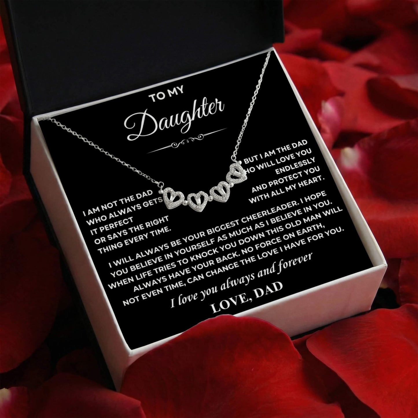 Daughter Necklace from Dad, 14 K White Gold Finish Magnetic Hearts Clover Necklace, Gift for Birthday, Valentines Day, Graduation, Christmas