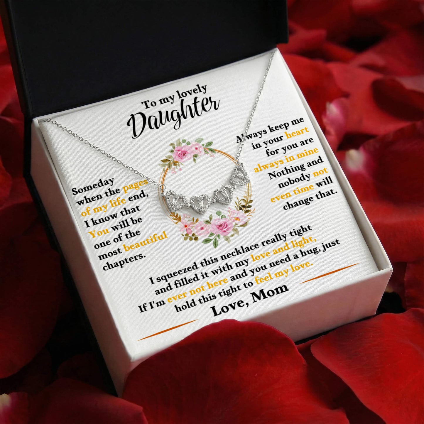 Daughter Necklace from Mom, 14 K White Gold Finish Magnetic Hearts Clover Necklace, Gift for Birthday, Valentines Day, Graduation, Christmas