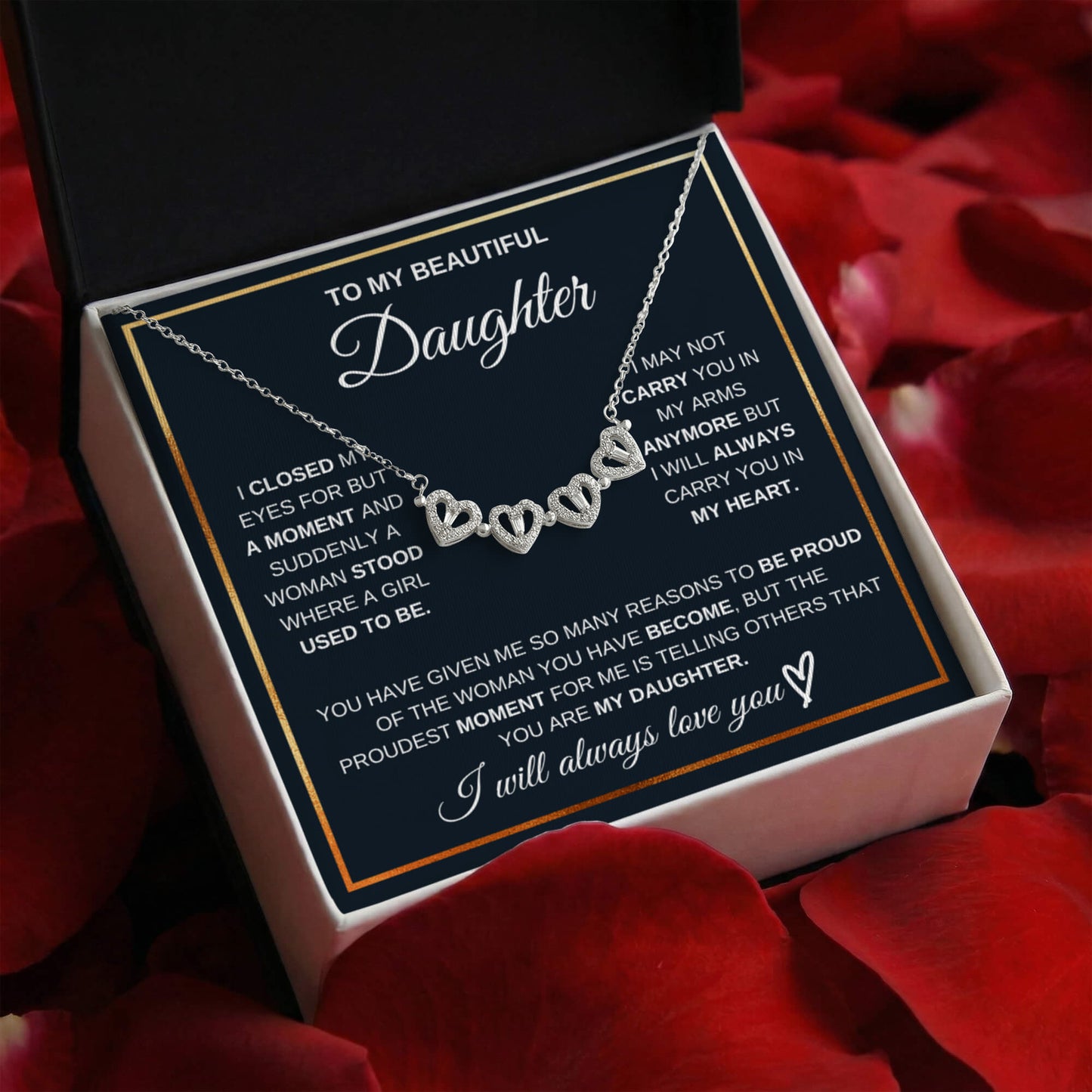 Daughter Necklace from Mom and Dad, 14 K White Gold Finish Magnetic Hearts Clover Necklace, Gift for Birthday, Valentines Day, Graduation, Christmas