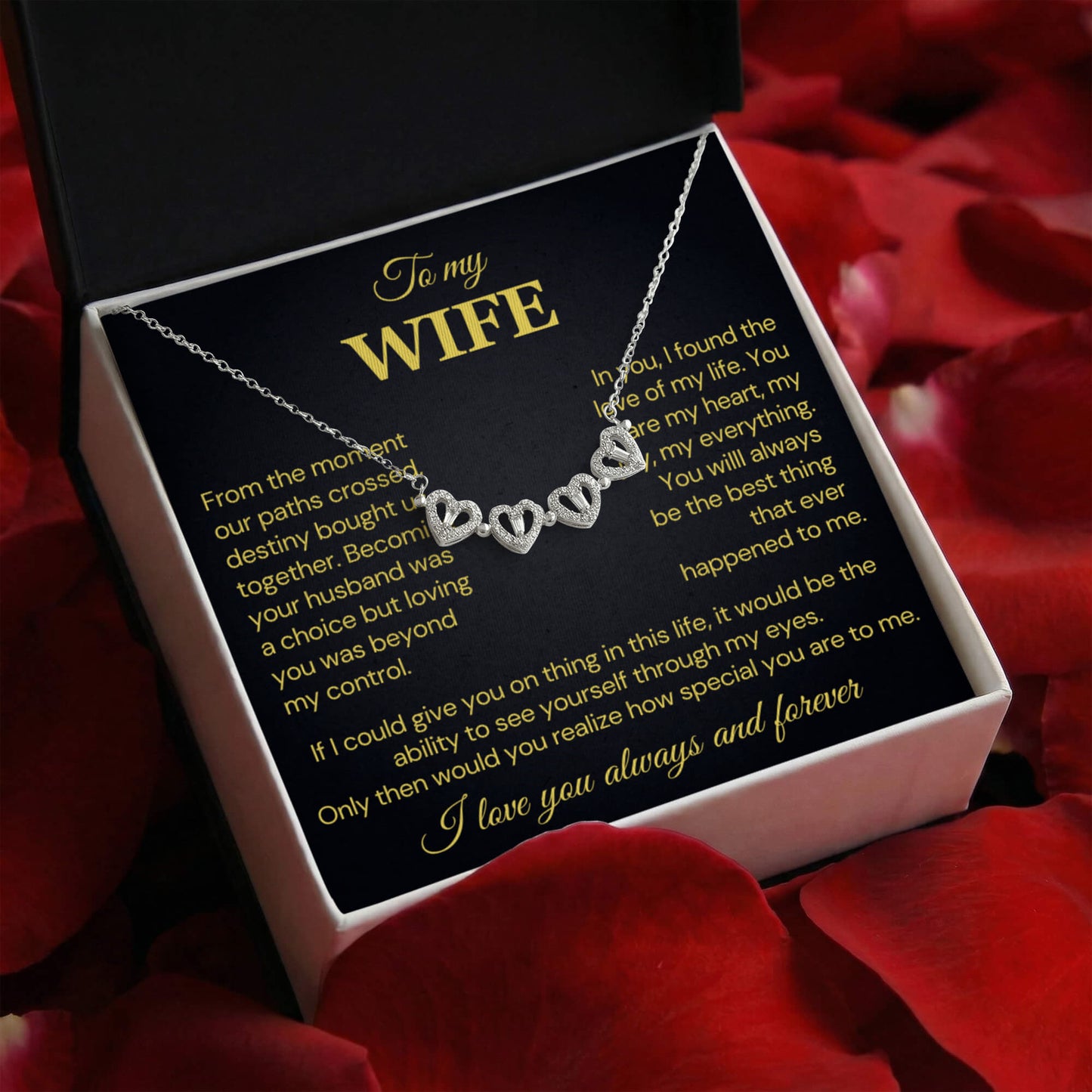 To my Wife Necklace from Husband, 14K White gold finish Magnetic Hearts Clover Necklace, Gift for Valentines Day, Birthday, Anniversary