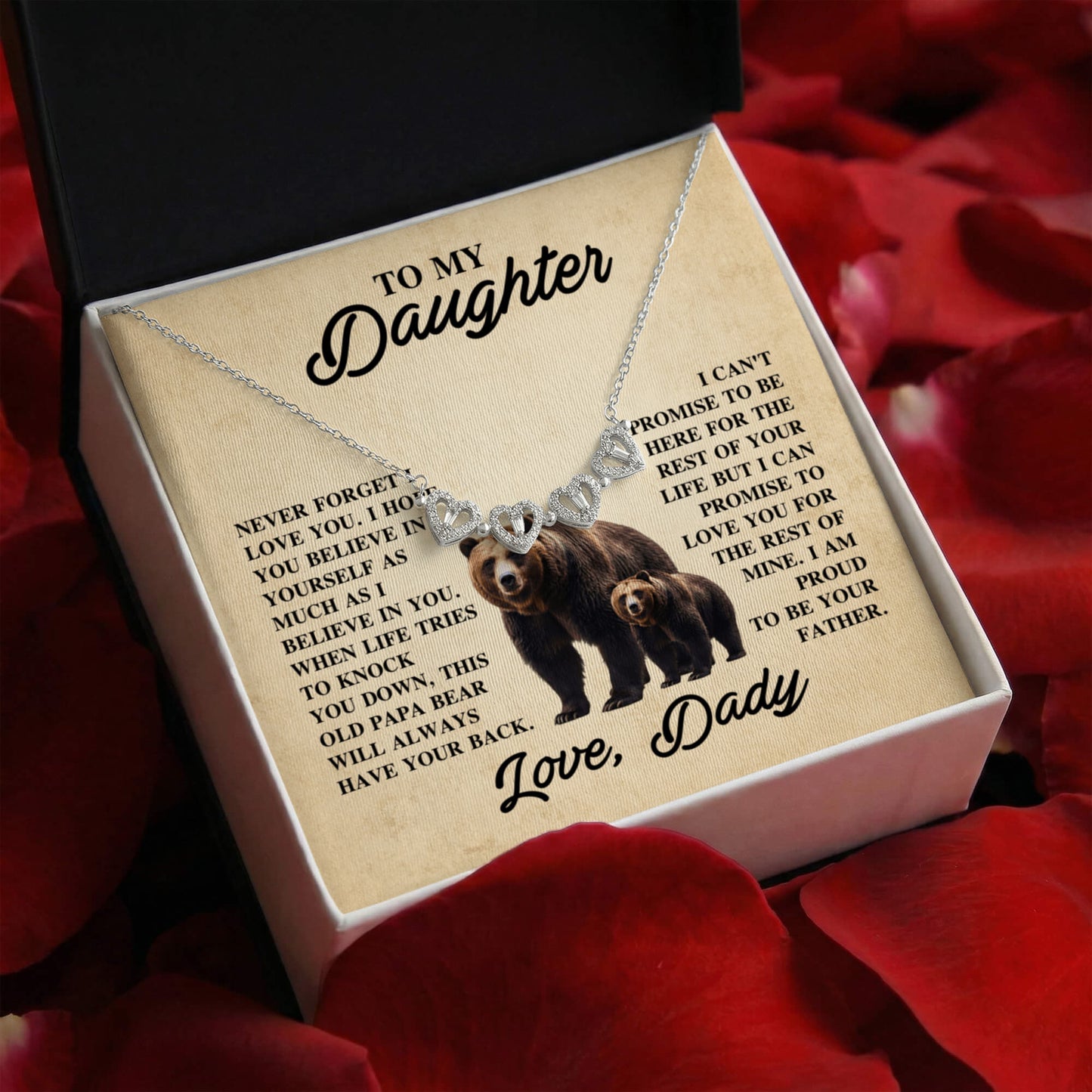Daughter Necklace from Dad, 14 K White Gold Finish Magnetic Hearts Clover Necklace, Gift for Birthday, Valentines Day, Graduation, Christmas