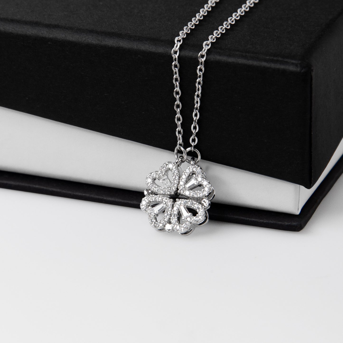 Daughter Necklace from Dad, 14 K White Gold Finish Magnetic Hearts Clover Necklace, Gift for Birthday, Valentines Day, Graduation, Christmas