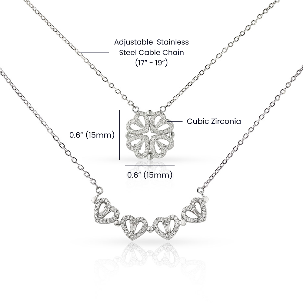 Daughter Necklace from Dad, 14 K White Gold Finish Magnetic Hearts Clover Necklace, Gift for Birthday, Valentines Day, Graduation, Christmas