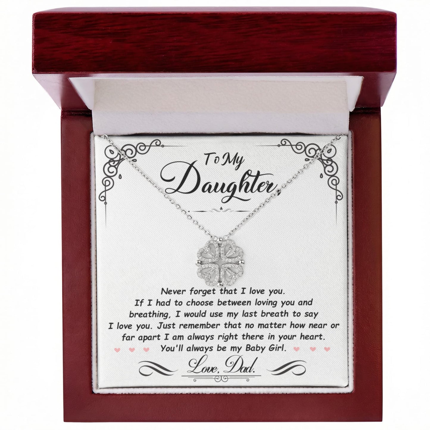 Daughter Necklace from Dad, 14 K White Gold Finish Magnetic Hearts Clover Necklace, Gift for Birthday, Valentines Day, Graduation, Christmas