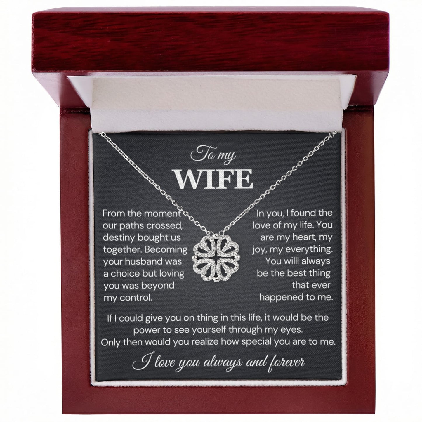 To my Wife Necklace from Husband, 14K White gold finish Magnetic Hearts Clover Necklace, Gift for Valentines Day, Birthday, Anniversary