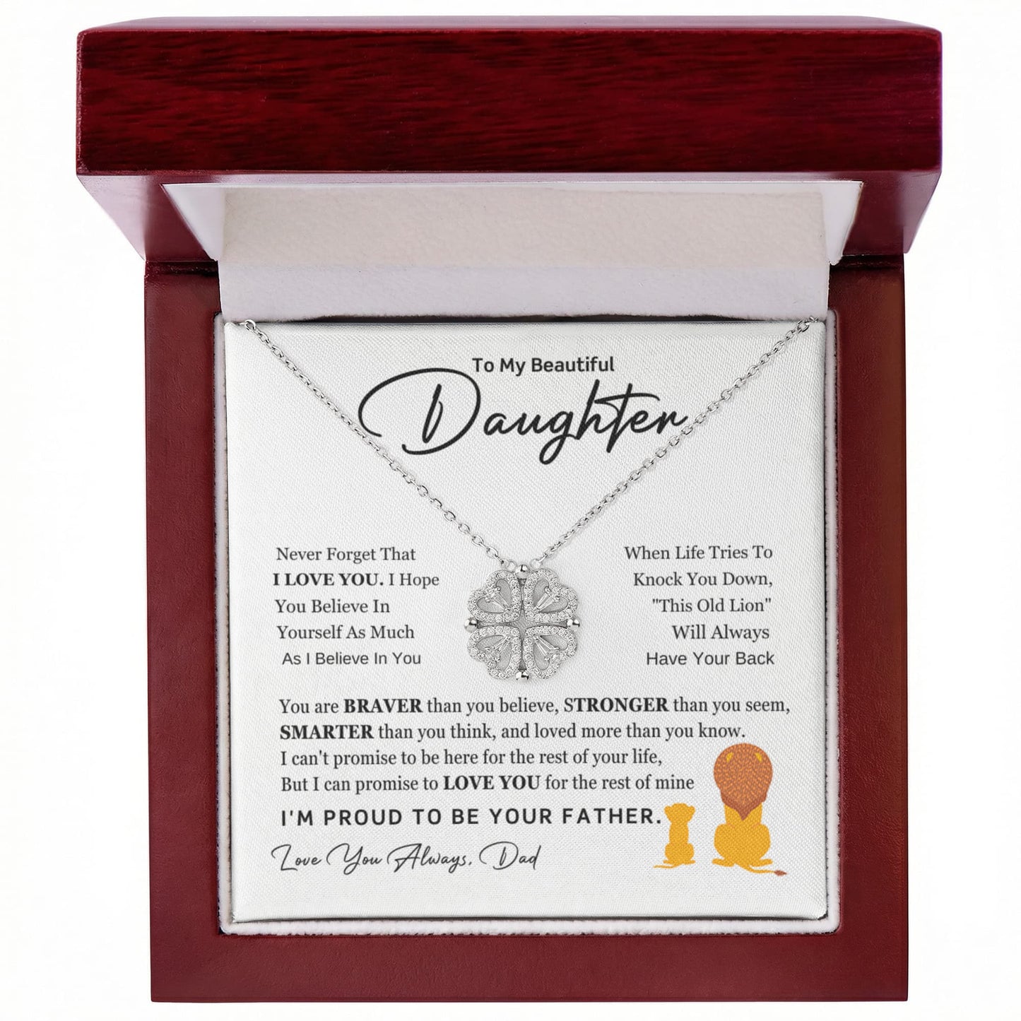 Daughter Necklace from Dad, 14 K White Gold Finish Magnetic Hearts Clover Necklace, Gift for Birthday, Valentines Day, Graduation, Christmas