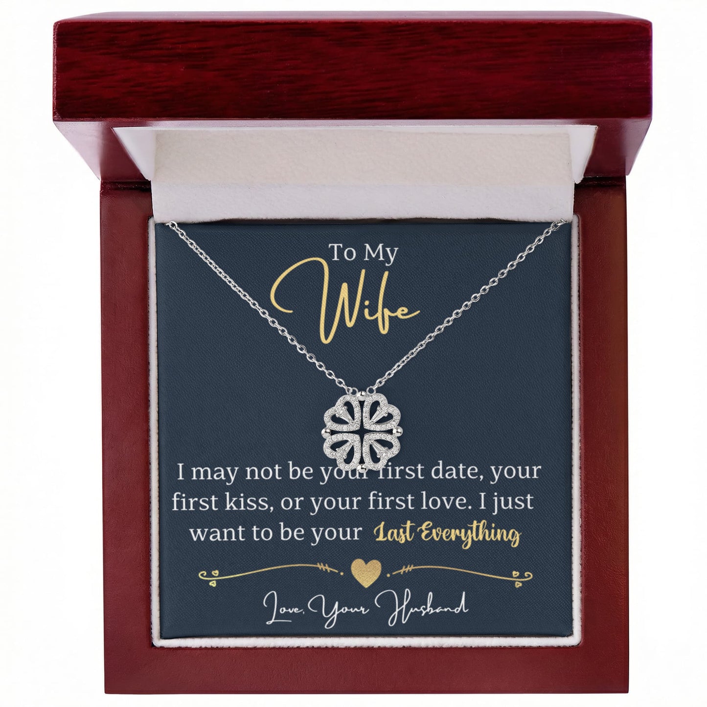 To my Wife Necklace from Husband, 14K White gold finish Magnetic Hearts Clover Necklace, Gift for Valentines Day, Birthday, Anniversary