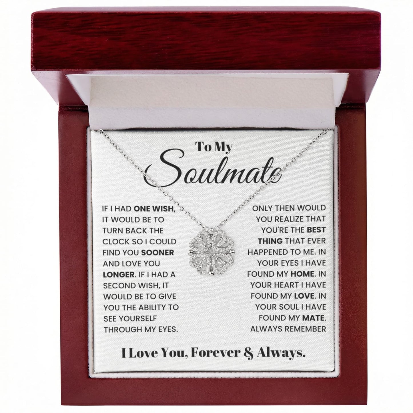 To my Soulmate Wife Necklace from Husband, 14K White gold finish Magnetic Hearts Clover Necklace, Gift for Valentines Day, Birthday, Anniversary