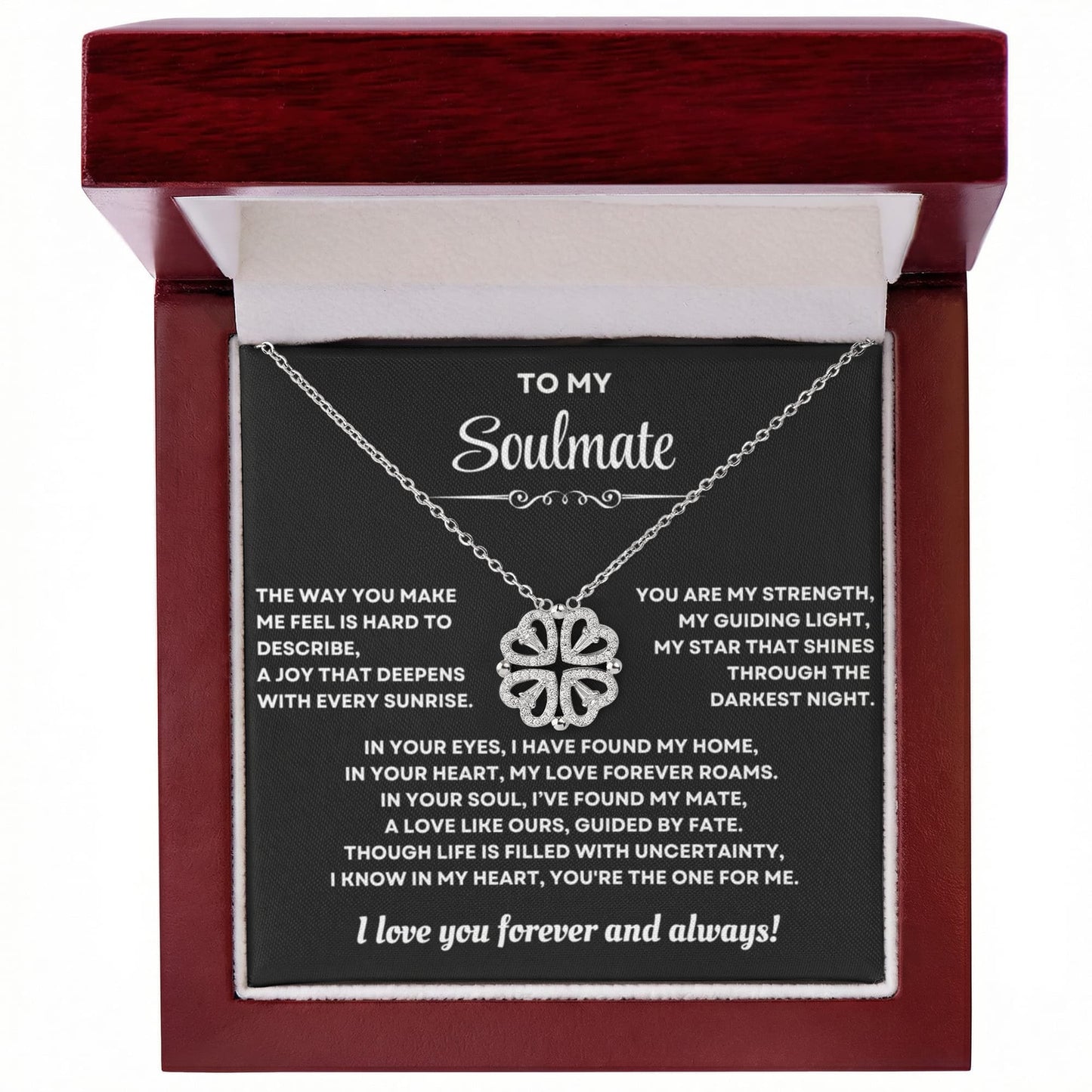 To my Soulmate Wife Necklace from Husband, 14K White gold finish Magnetic Hearts Clover Necklace, Gift for Valentines Day, Birthday, Anniversary