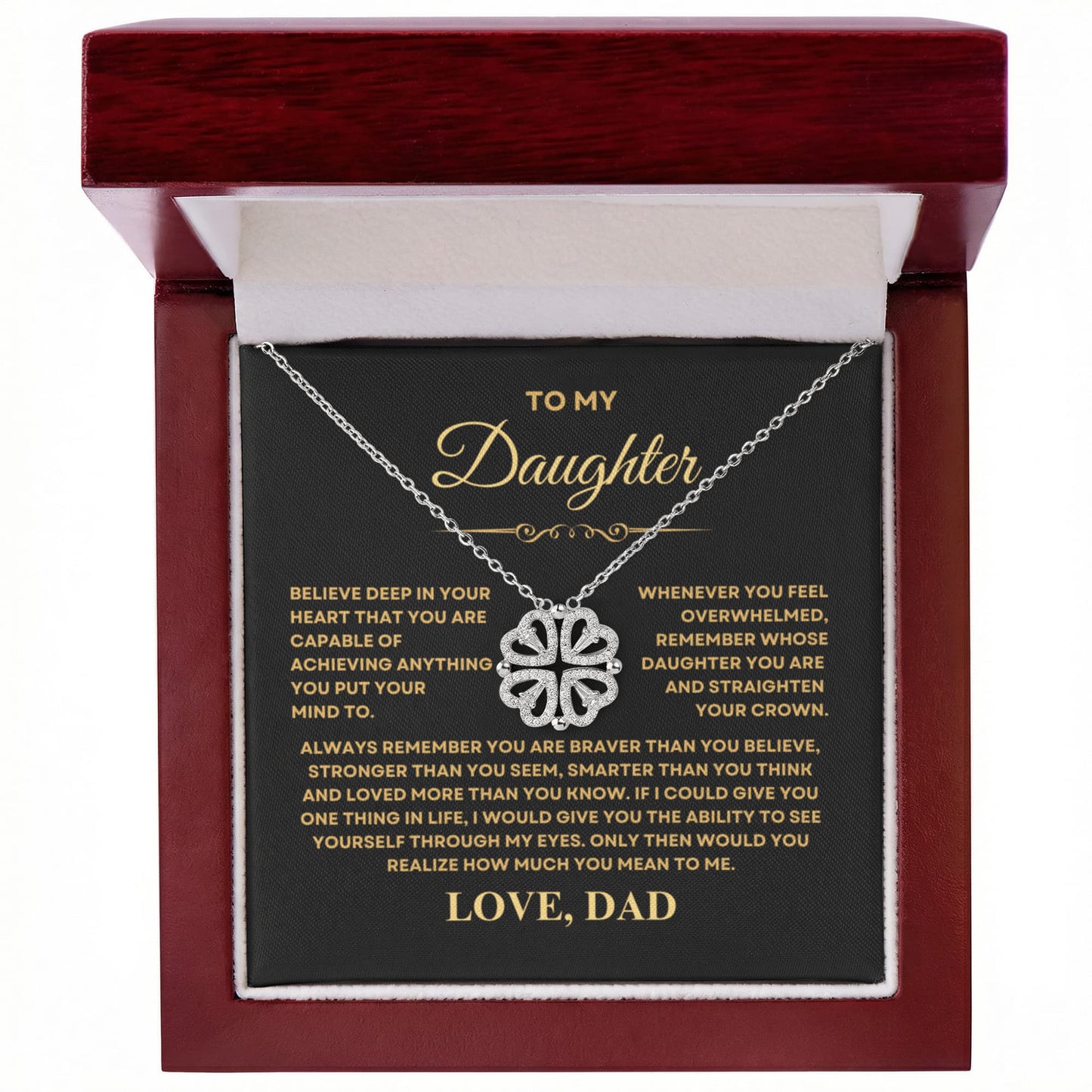 Daughter Necklace from Dad, 14 K White Gold Finish Magnetic Hearts Clover Necklace, Gift for Birthday, Valentines Day, Graduation, Christmas