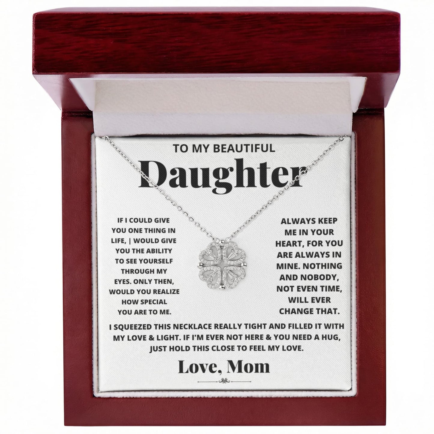 Daughter Necklace from Mom, 14 K White Gold Finish Magnetic Hearts Clover Necklace, Gift for Birthday, Valentines Day, Graduation, Christmas