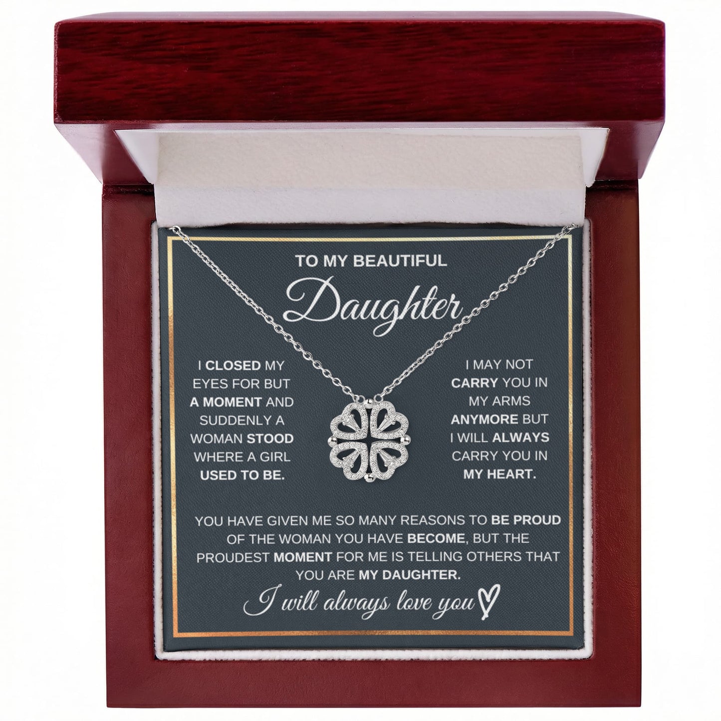 Daughter Necklace from Mom and Dad, 14 K White Gold Finish Magnetic Hearts Clover Necklace, Gift for Birthday, Valentines Day, Graduation, Christmas