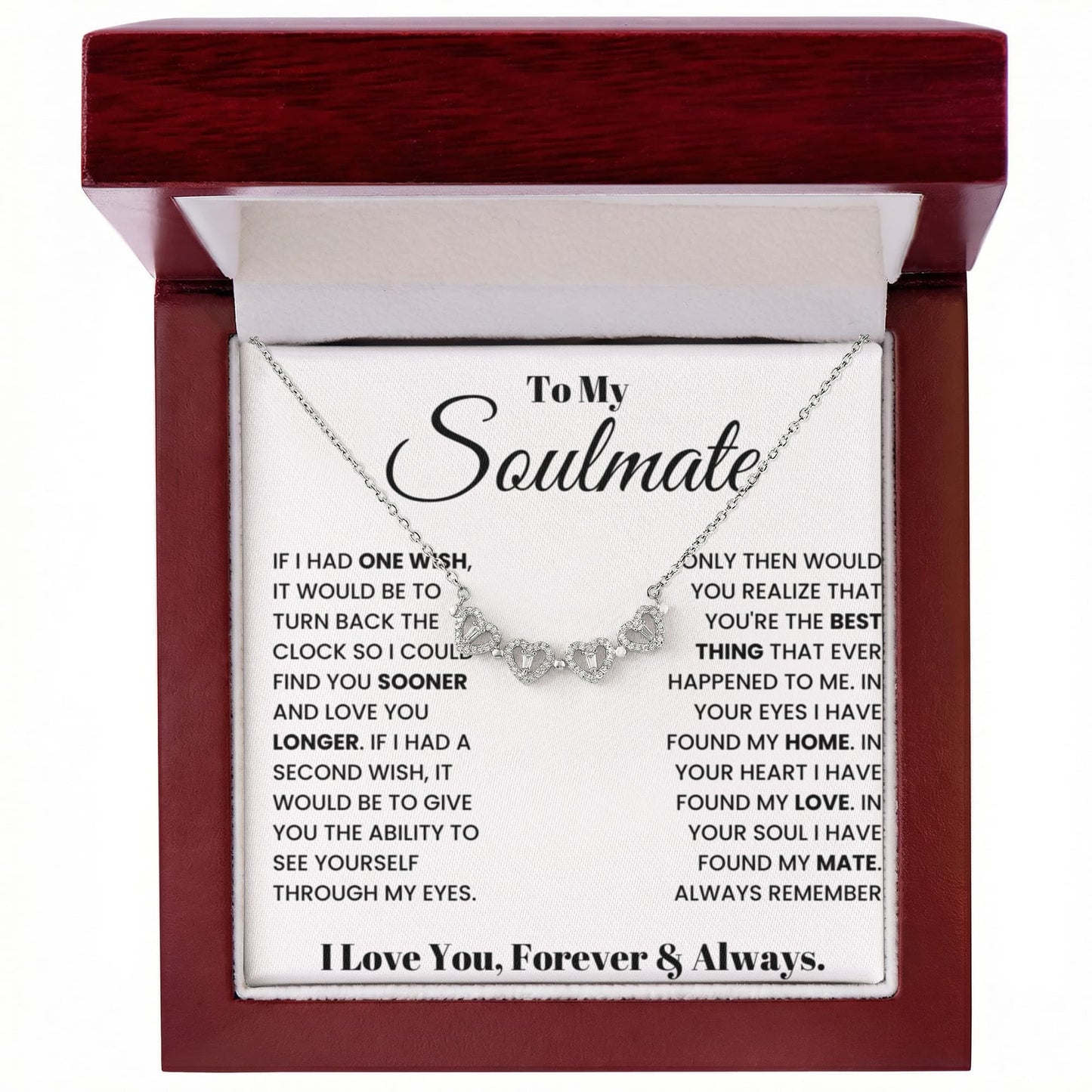 To my Soulmate Wife Necklace from Husband, 14K White gold finish Magnetic Hearts Clover Necklace, Gift for Valentines Day, Birthday, Anniversary