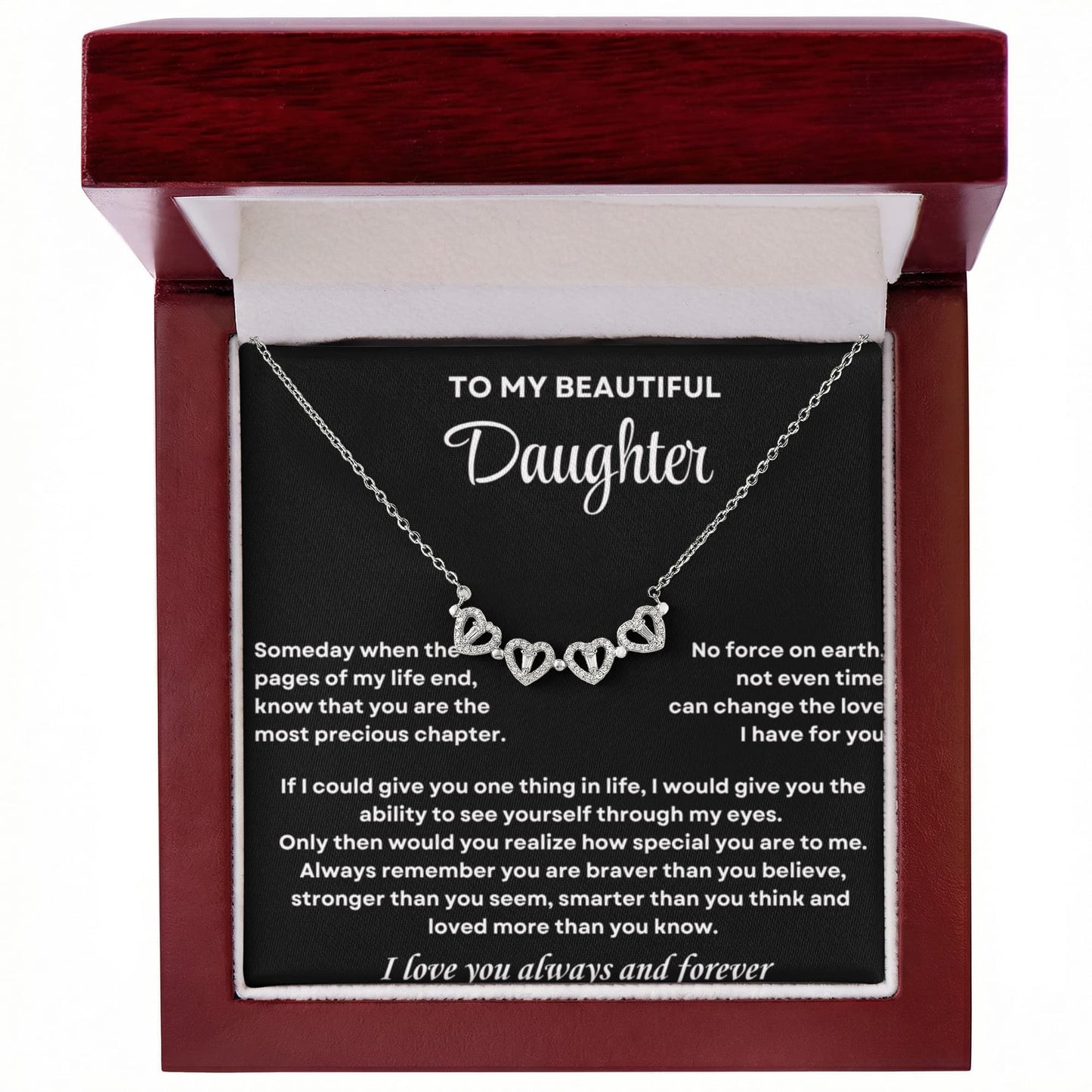 Daughter Necklace from Dad, 14 K White Gold Finish Magnetic Hearts Clover Necklace, Gift for Birthday, Valentines Day, Graduation, Christmas