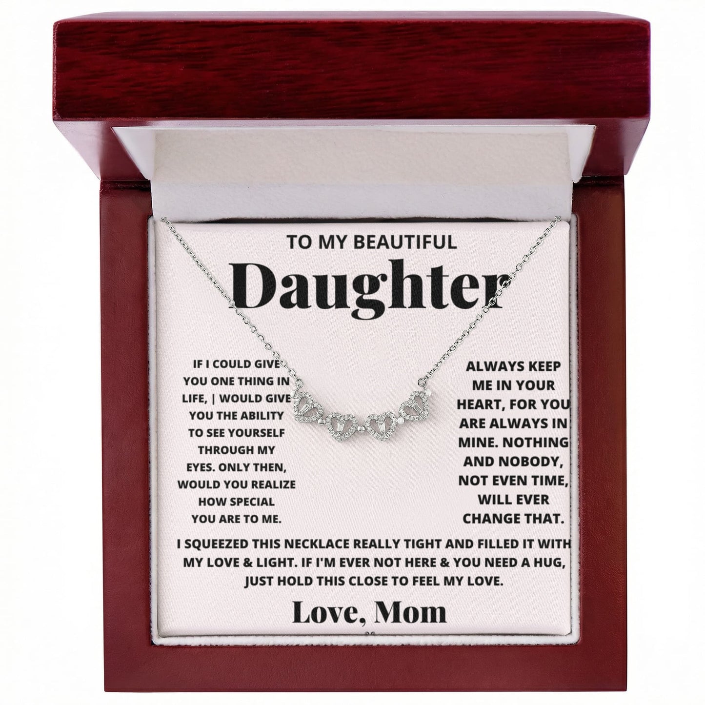 Daughter Necklace from Mom, 14 K White Gold Finish Magnetic Hearts Clover Necklace, Gift for Birthday, Valentines Day, Graduation, Christmas