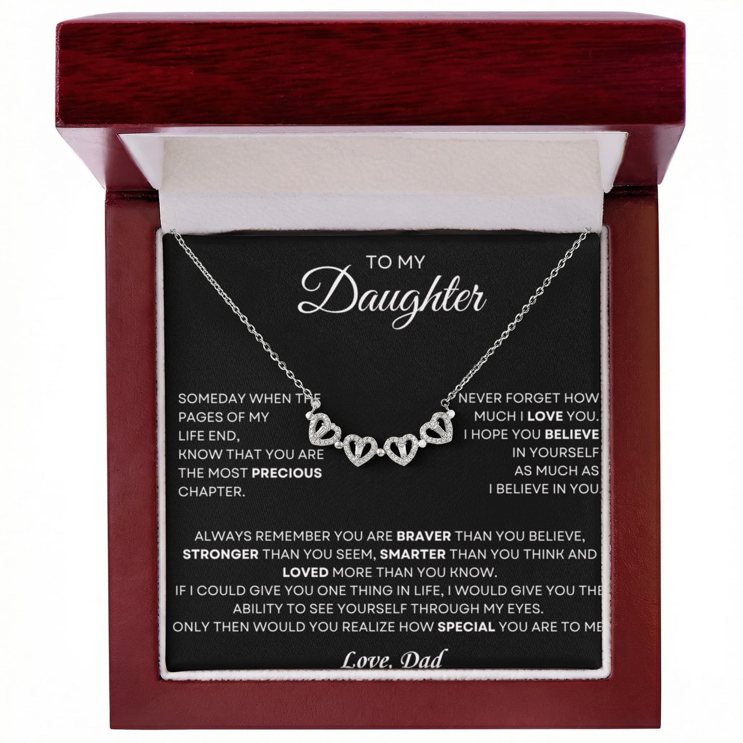 Daughter Necklace from Dad, 14 K White Gold Finish Magnetic Hearts Clover Necklace, Gift for Birthday, Valentines Day, Graduation, Christmas