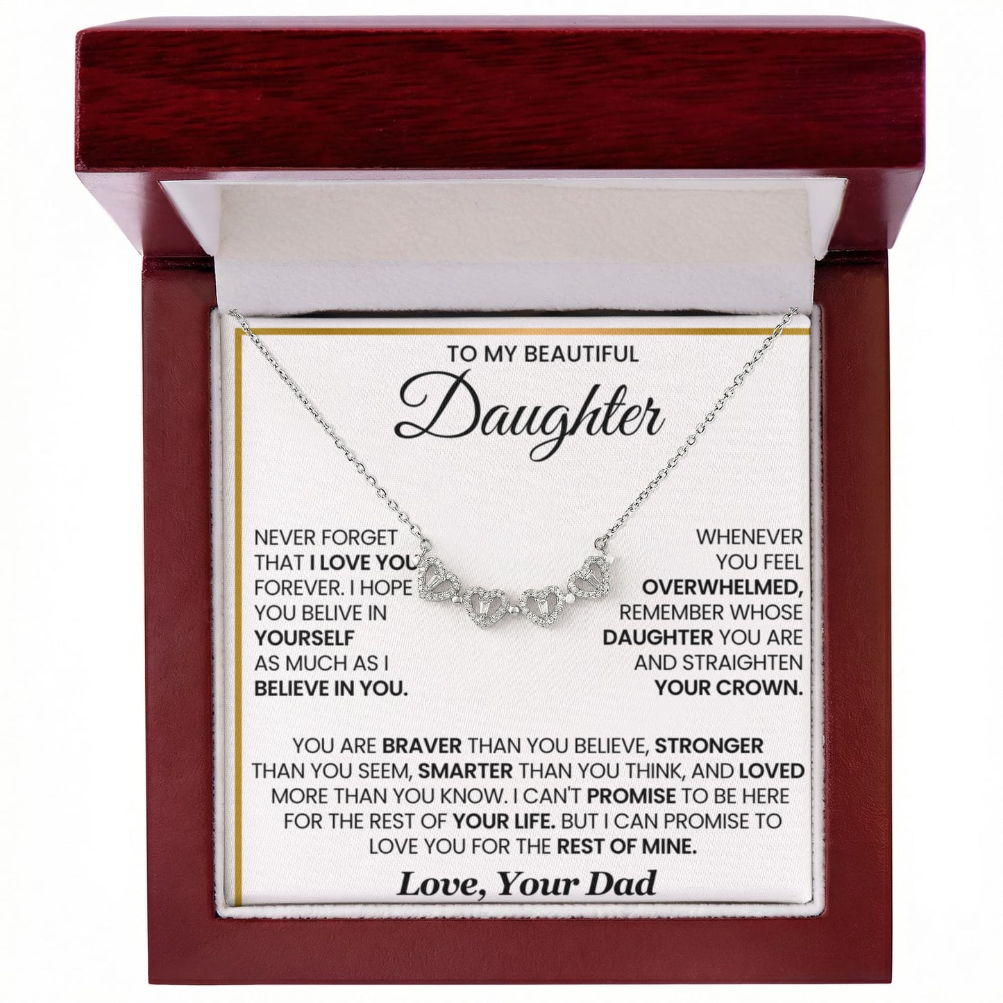 Daughter Necklace from Dad, 14 K White Gold Finish Magnetic Hearts Clover Necklace, Gift for Birthday, Valentines Day, Graduation, Christmas