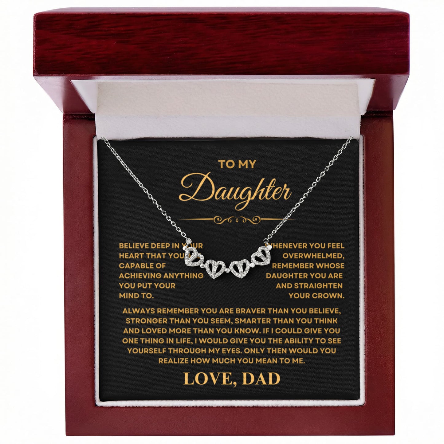 Daughter Necklace from Dad, 14 K White Gold Finish Magnetic Hearts Clover Necklace, Gift for Birthday, Valentines Day, Graduation, Christmas