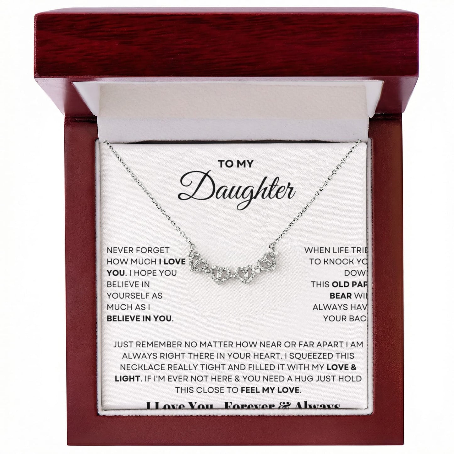 Daughter Necklace from Mom and Dad, 14 K White Gold Finish Magnetic Hearts Clover Necklace, Gift for Birthday, Valentines Day, Graduation, Christmas