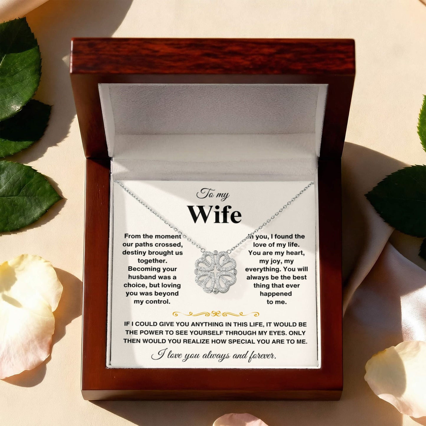 To my Wife Necklace from Husband, 14K White gold finish Magnetic Hearts Clover Necklace, Gift for Valentines Day, Birthday, Anniversary